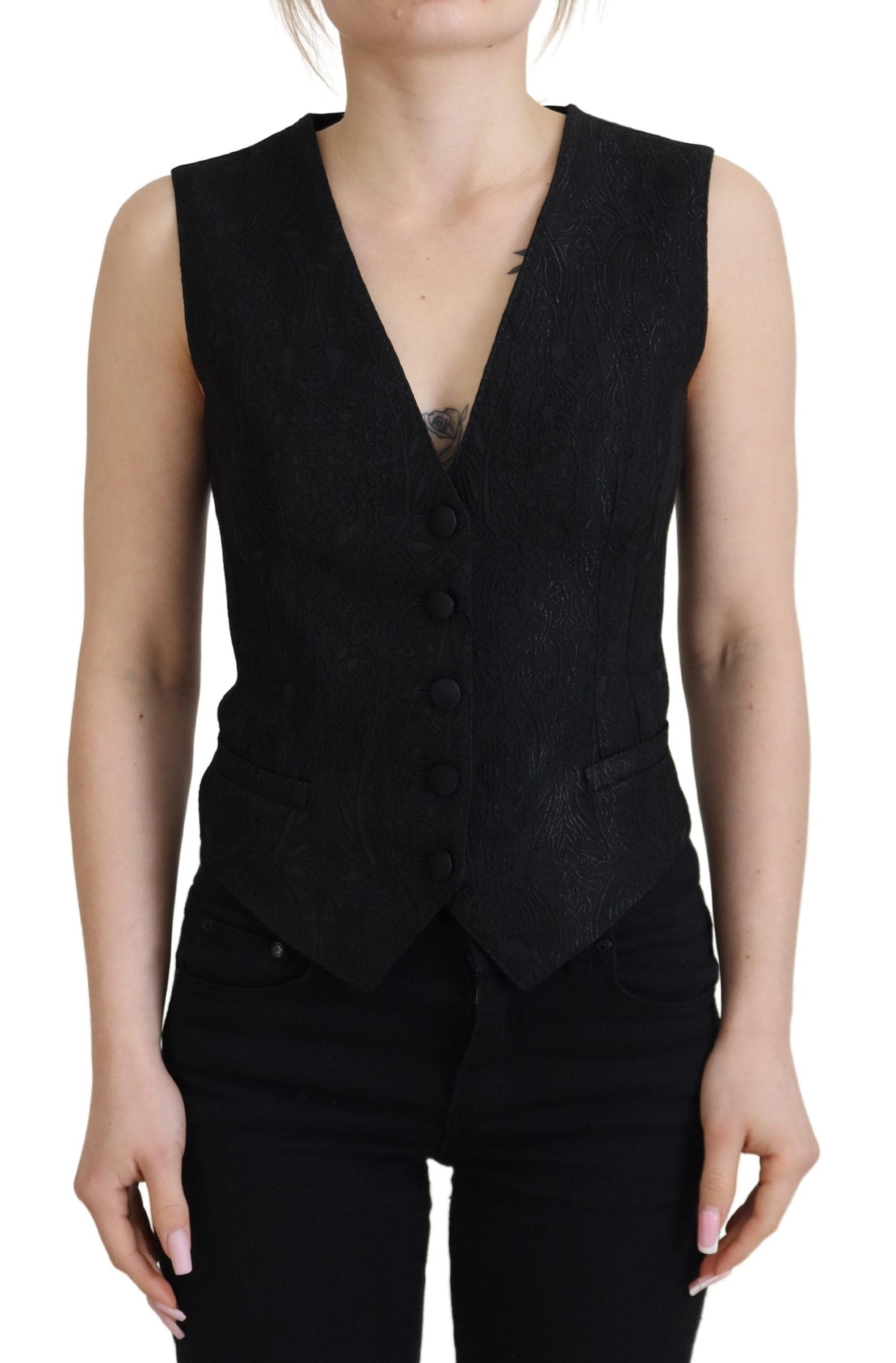 Dolce & Gabbana – Schwarzes, ärmelloses Brokat-Top mit Knopfleiste