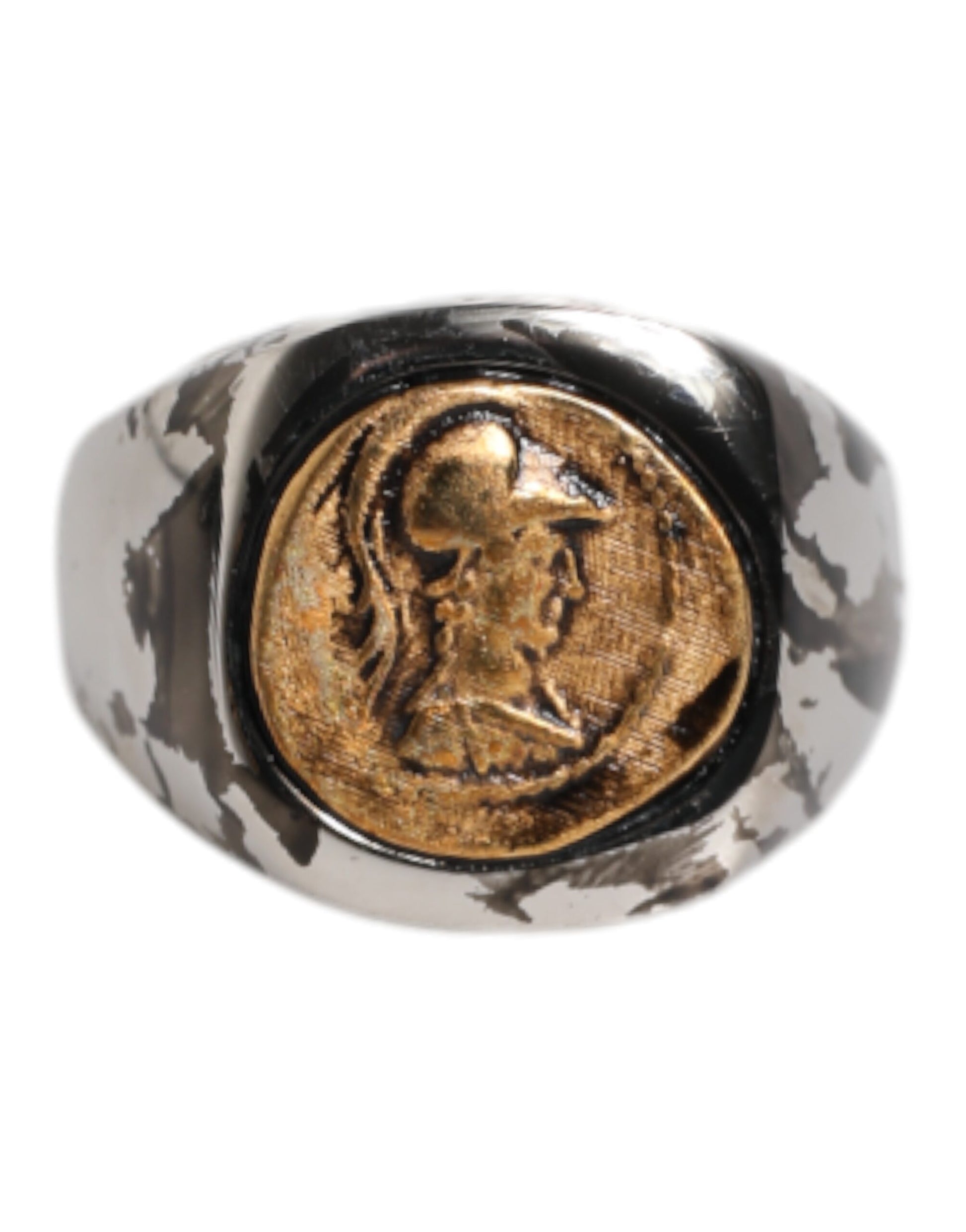Dolce & Gabbana Silberfarbener, zweifarbiger Ring aus echtem Messing mit Gravur