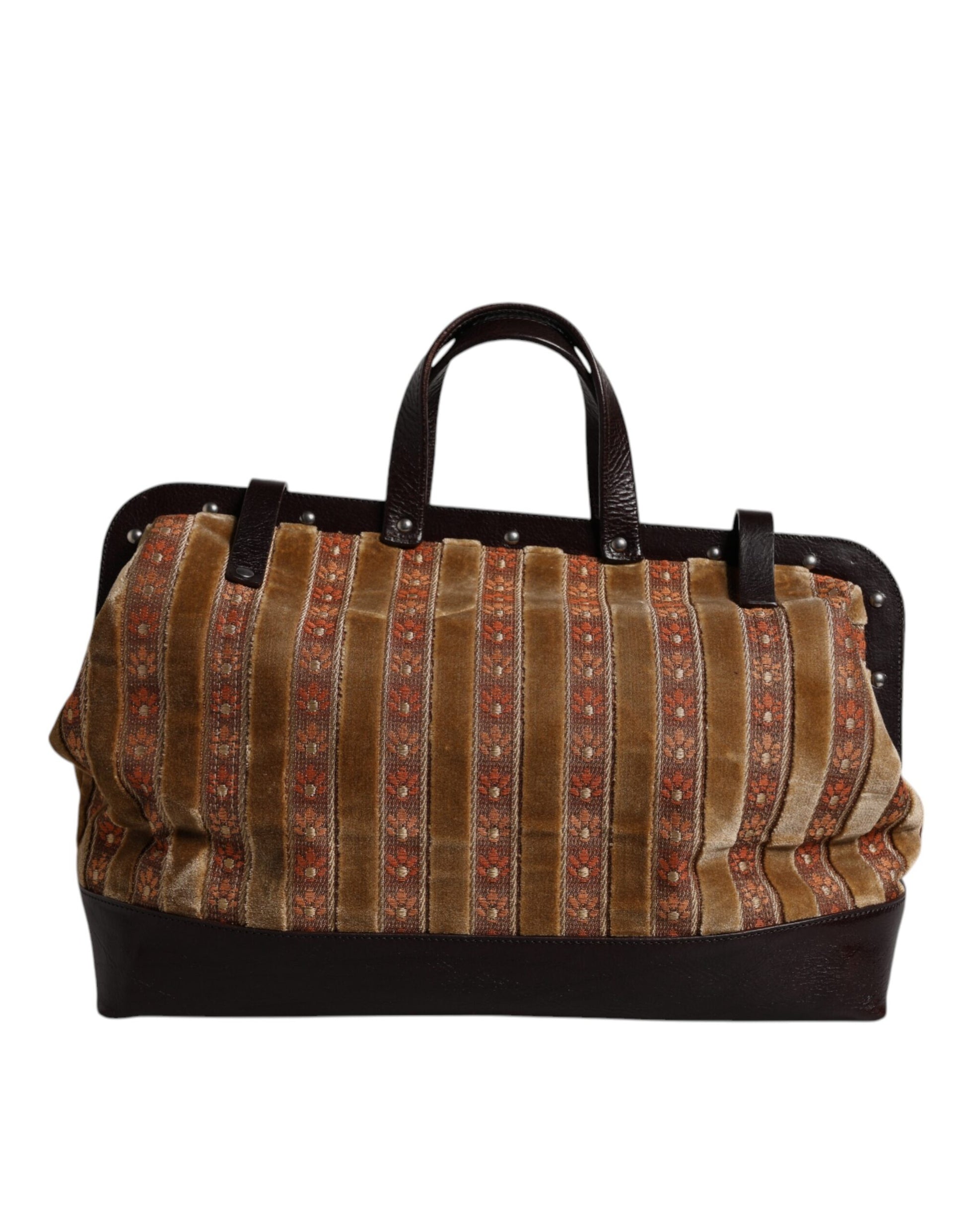 Dolce & Gabbana Beige Kastanienbraun Samt Leder Jacquard Reise Handtasche Tasche
