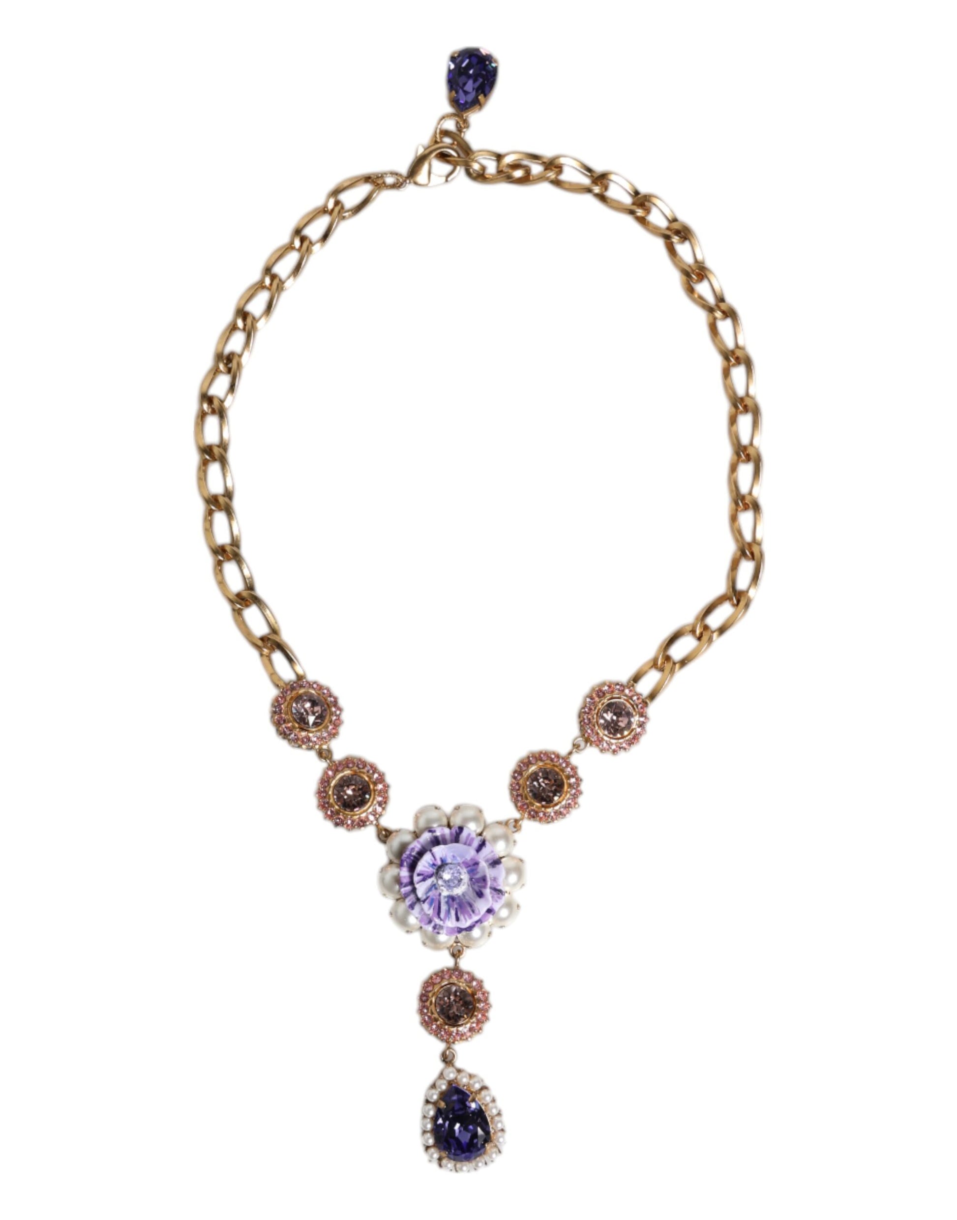 Dolce & Gabbana – Halskette aus goldenem Messing mit floralen Kristallen und Perlenverzierung