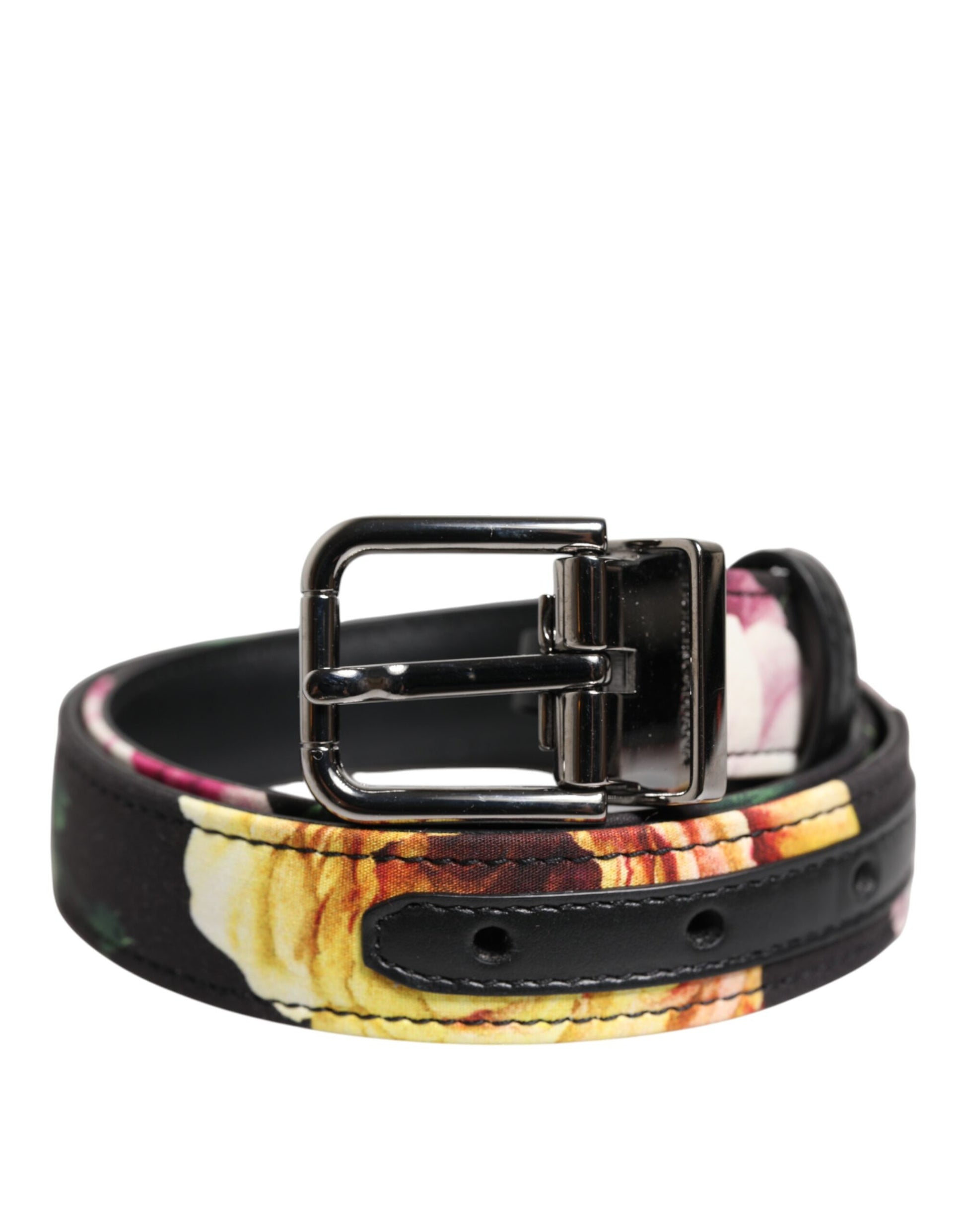 Dolce & Gabbana Schwarzer Brokatgürtel mit Blumenmuster und silberner Metallschnalle