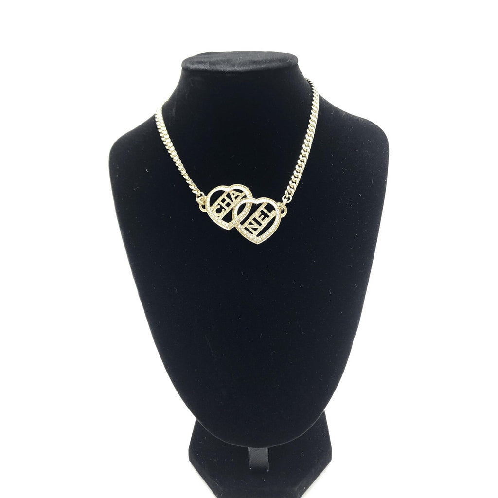Chanel Gold Tone Heart Choker Necklace With Logo