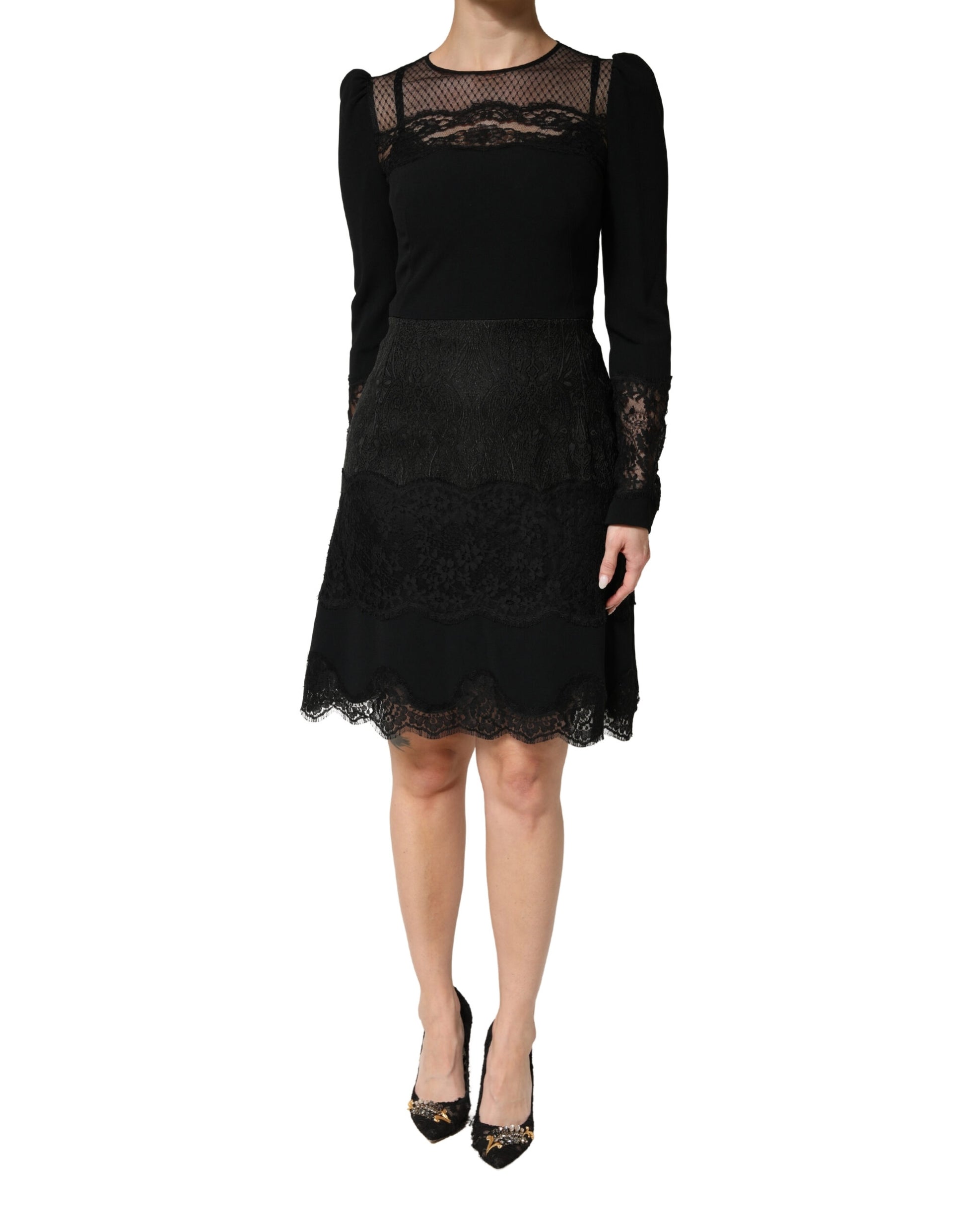Robe mi-longue Dolce & Gabbana en dentelle noire à manches longues et empiècements transparents