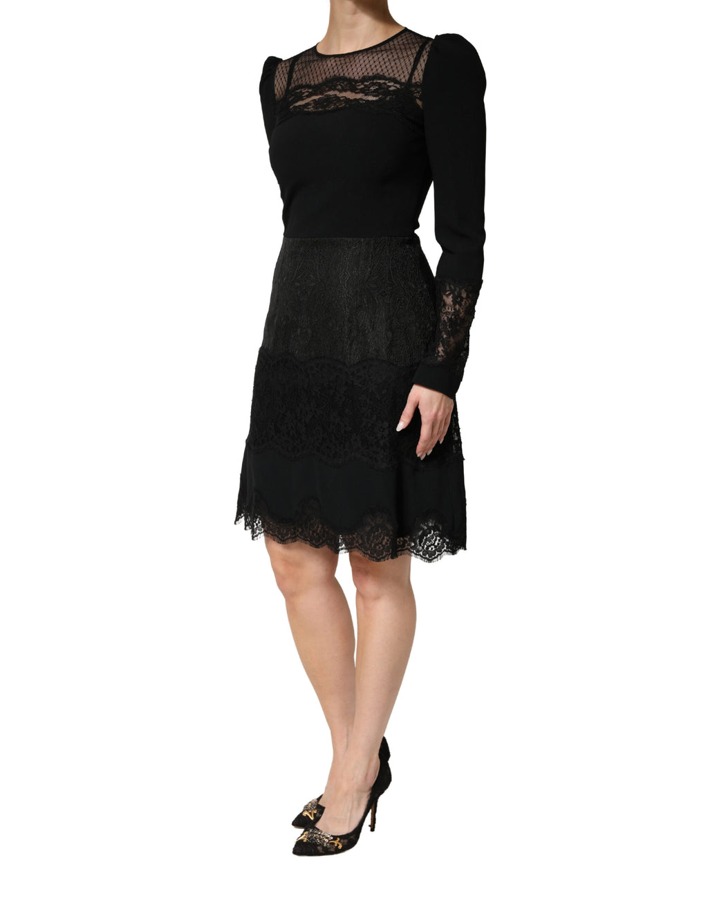 Robe mi-longue Dolce & Gabbana en dentelle noire à manches longues et empiècements transparents