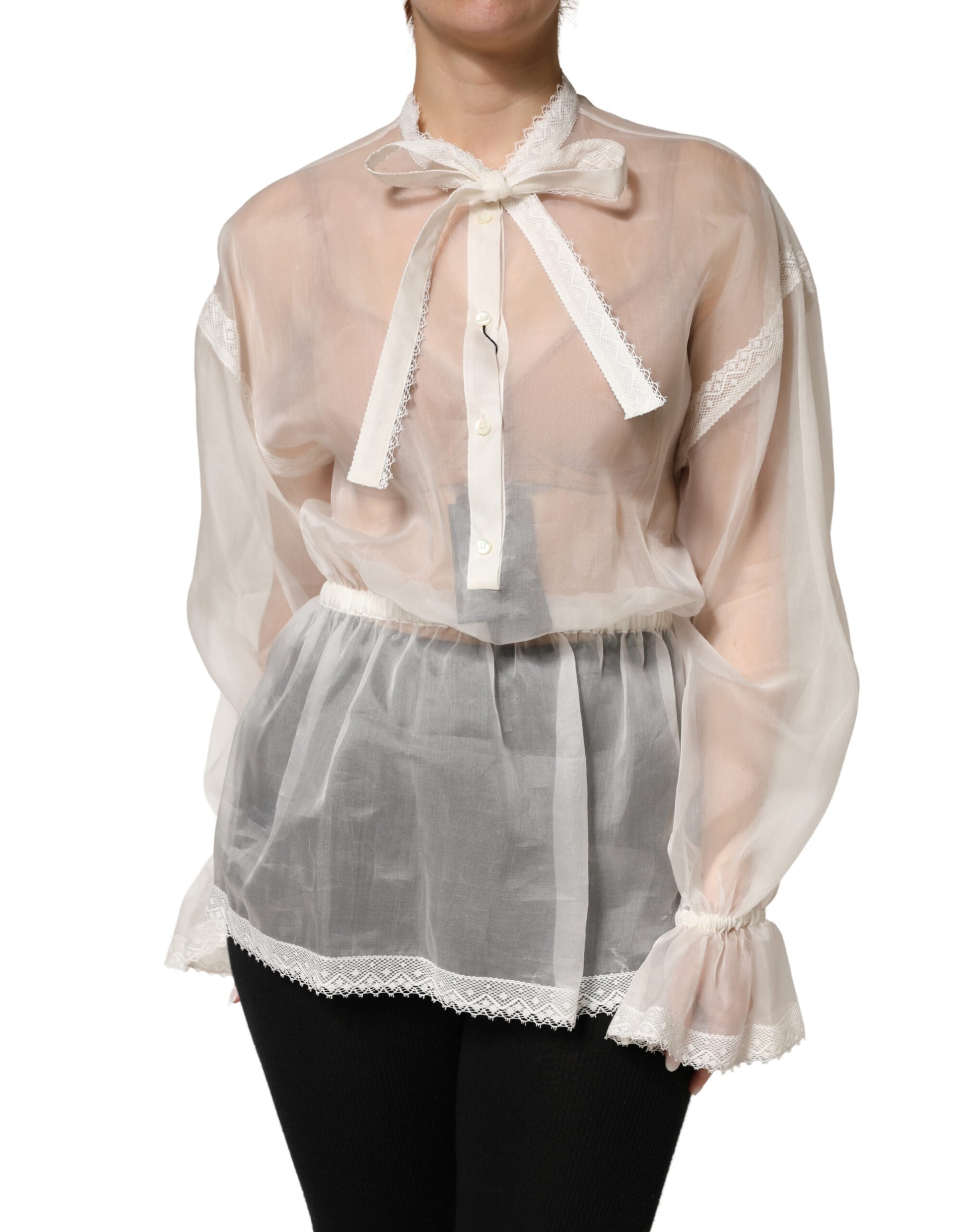 Chemisier en soie blanche transparente Dolce & Gabbana avec nœud en dentelle