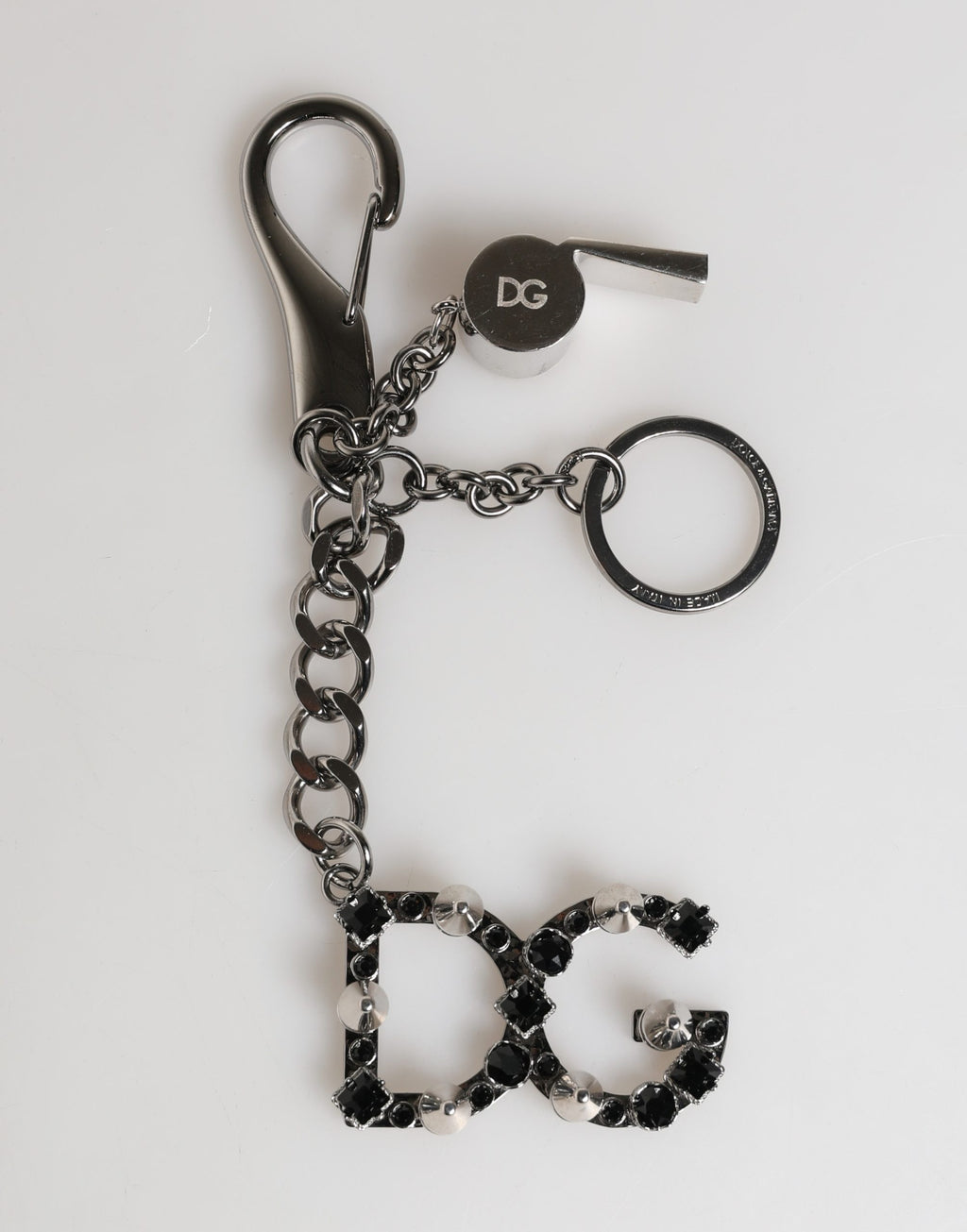 Porte-clés Dolce & Gabbana en métal argenté avec logo DG et strass