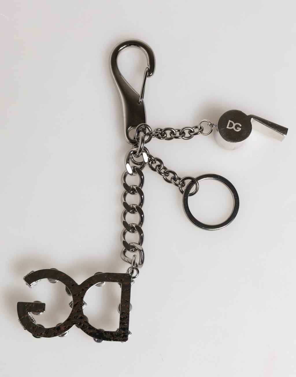 Porte-clés Dolce & Gabbana en métal argenté avec logo DG et strass