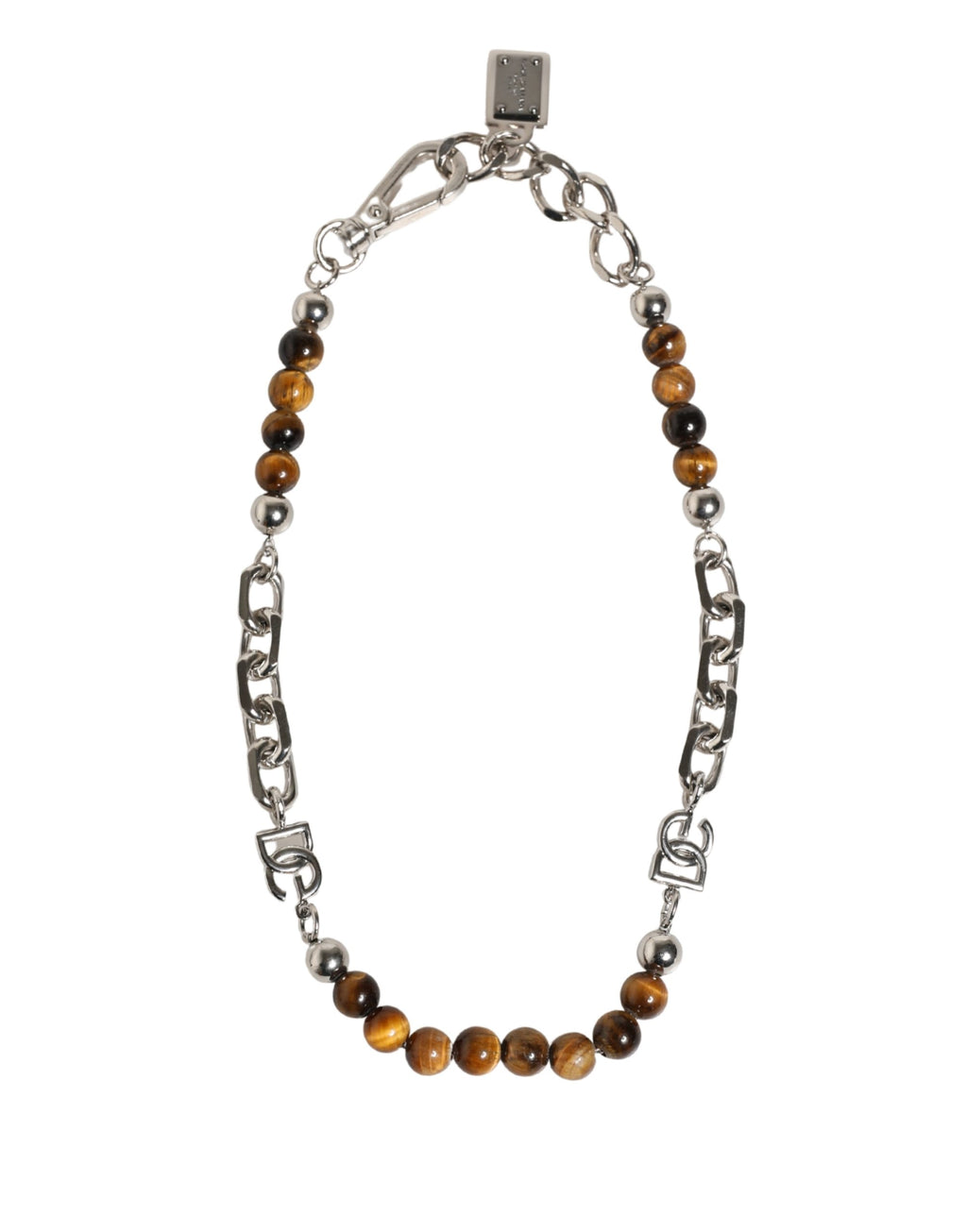 Bracelet Dolce & Gabbana en laiton argenté, chaîne, perles et pierres, logo DG