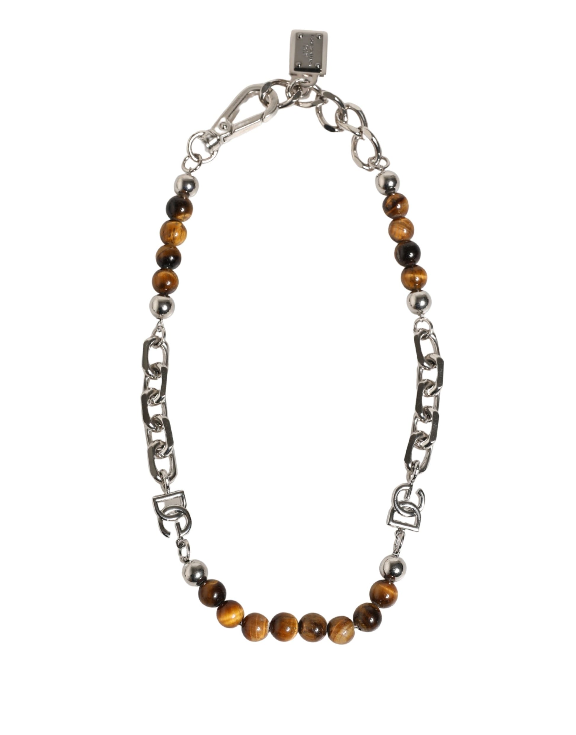 Bracelet Dolce & Gabbana en laiton argenté, chaîne, perles et pierres, logo DG