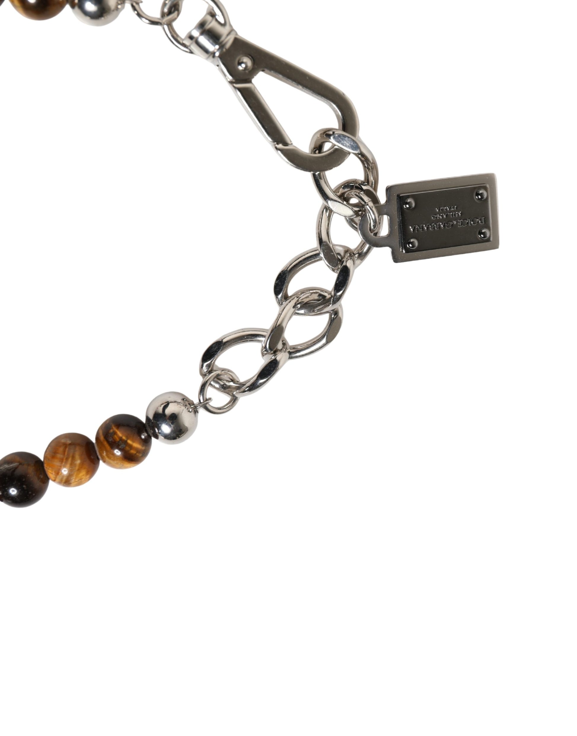 Bracelet Dolce & Gabbana en laiton argenté, chaîne, perles et pierres, logo DG