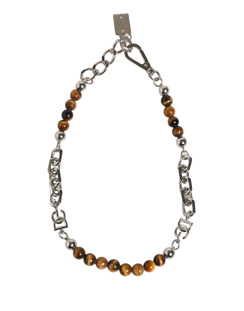 Bracelet Dolce & Gabbana en laiton argenté, chaîne, perles et pierres, logo DG
