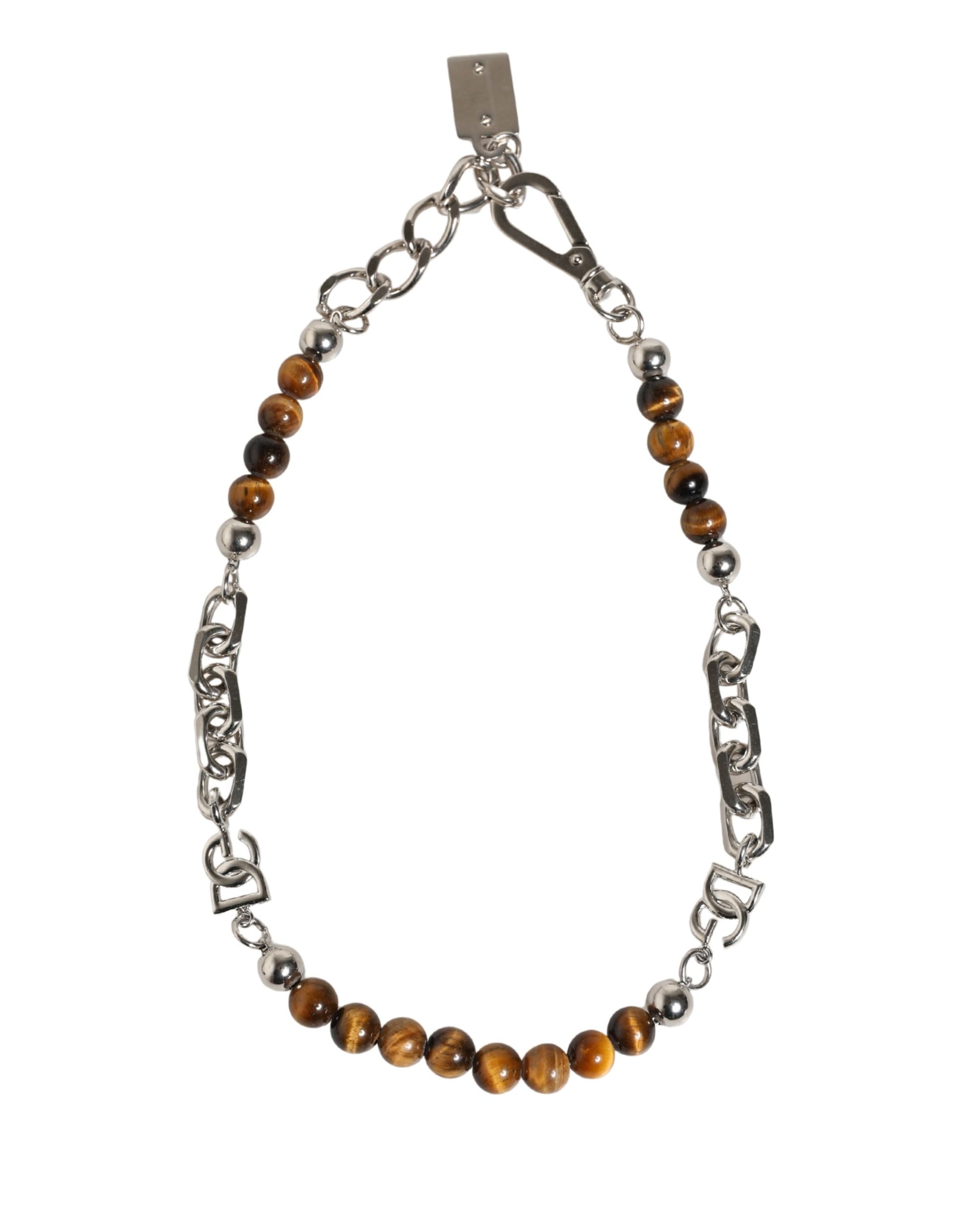 Bracelet Dolce & Gabbana en laiton argenté, chaîne, perles et pierres, logo DG
