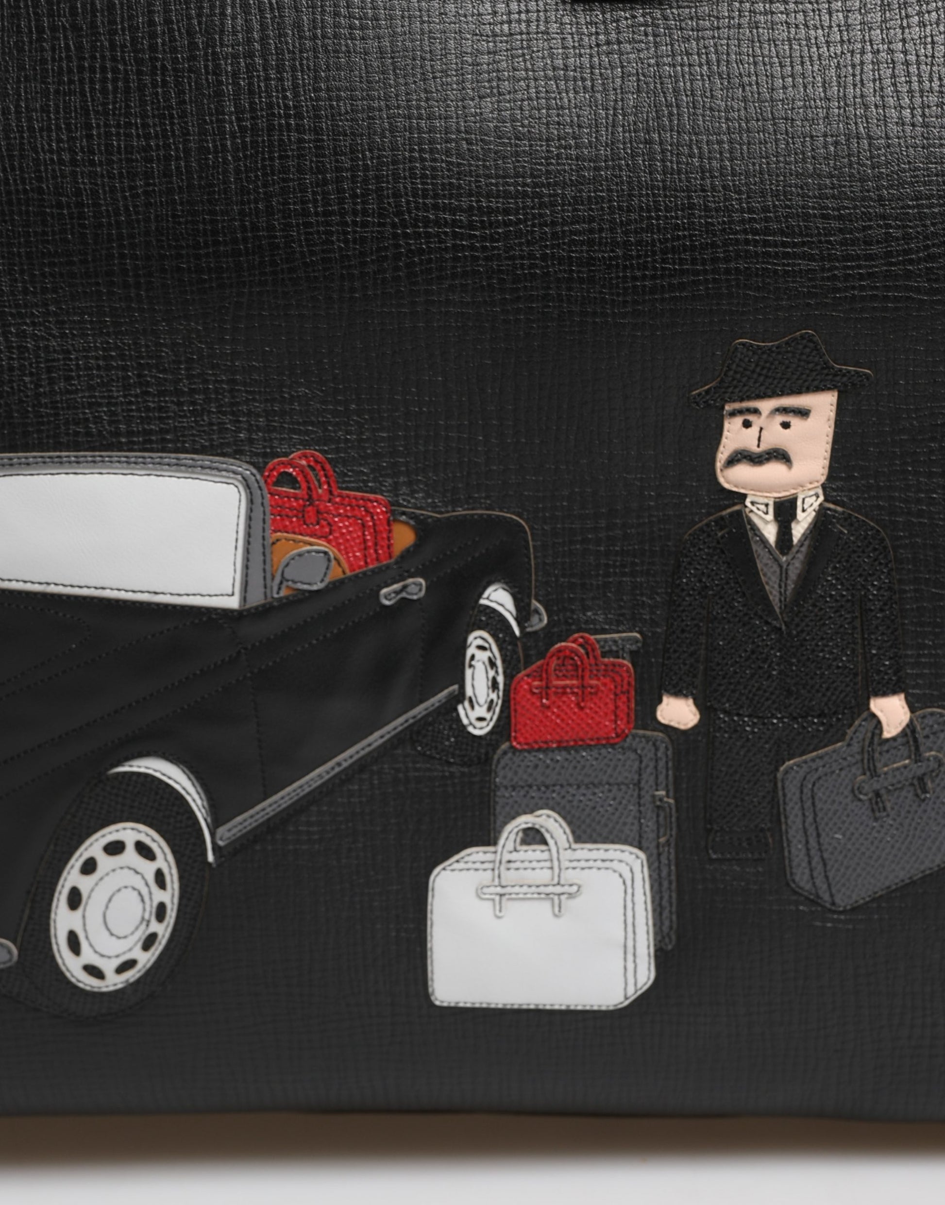 Dolce & Gabbana Black Car Man Applique Leather Weekender Borse Bag