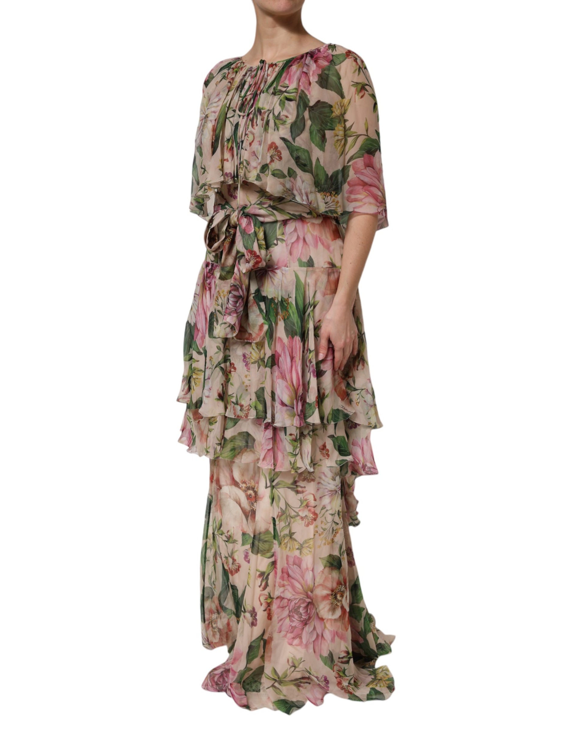 Robe longue superposée en soie à imprimé floral multicolore Dolce & Gabbana