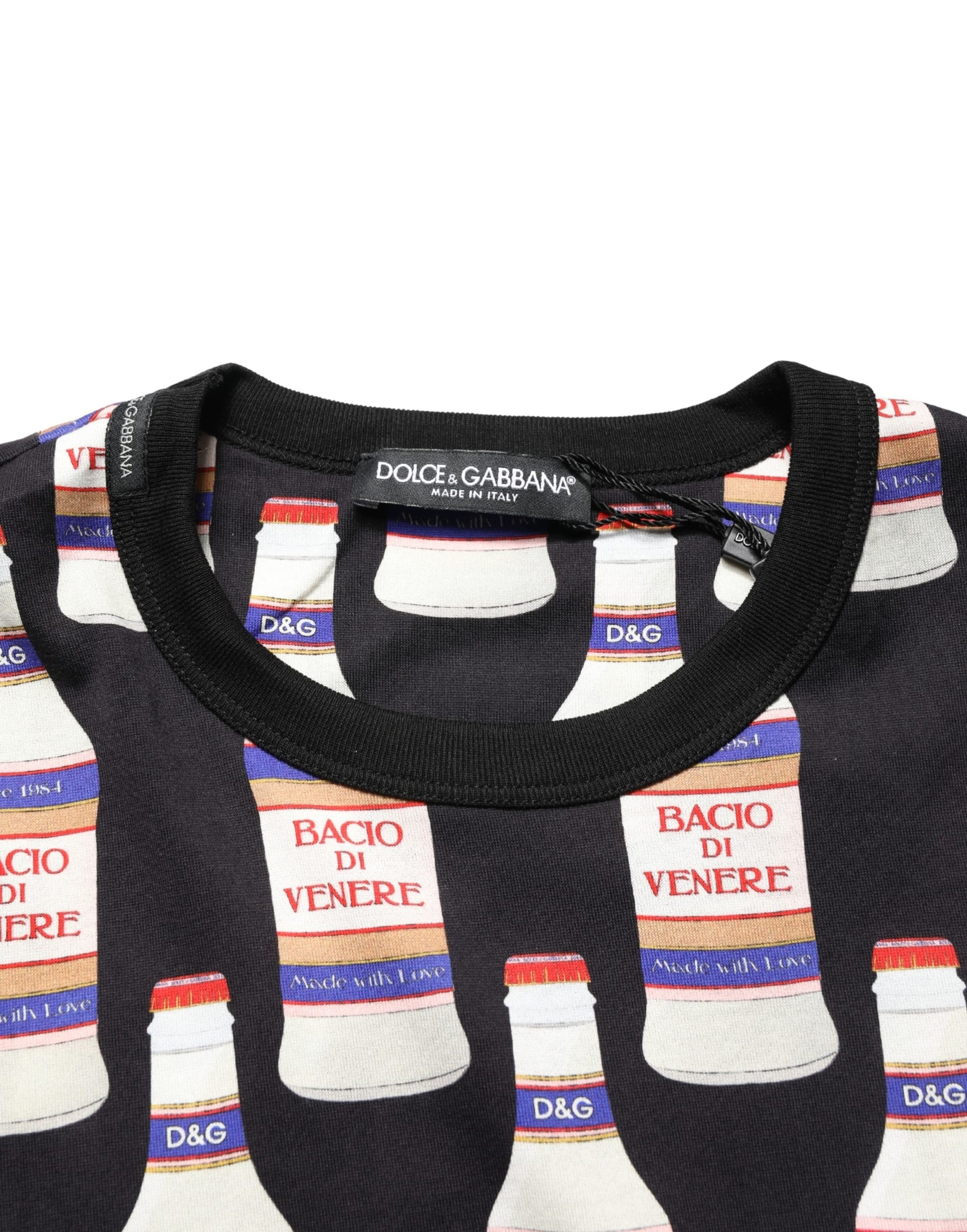Dolce & Gabbana Black Bottle Print Cotton Crew Neck  T-shirt