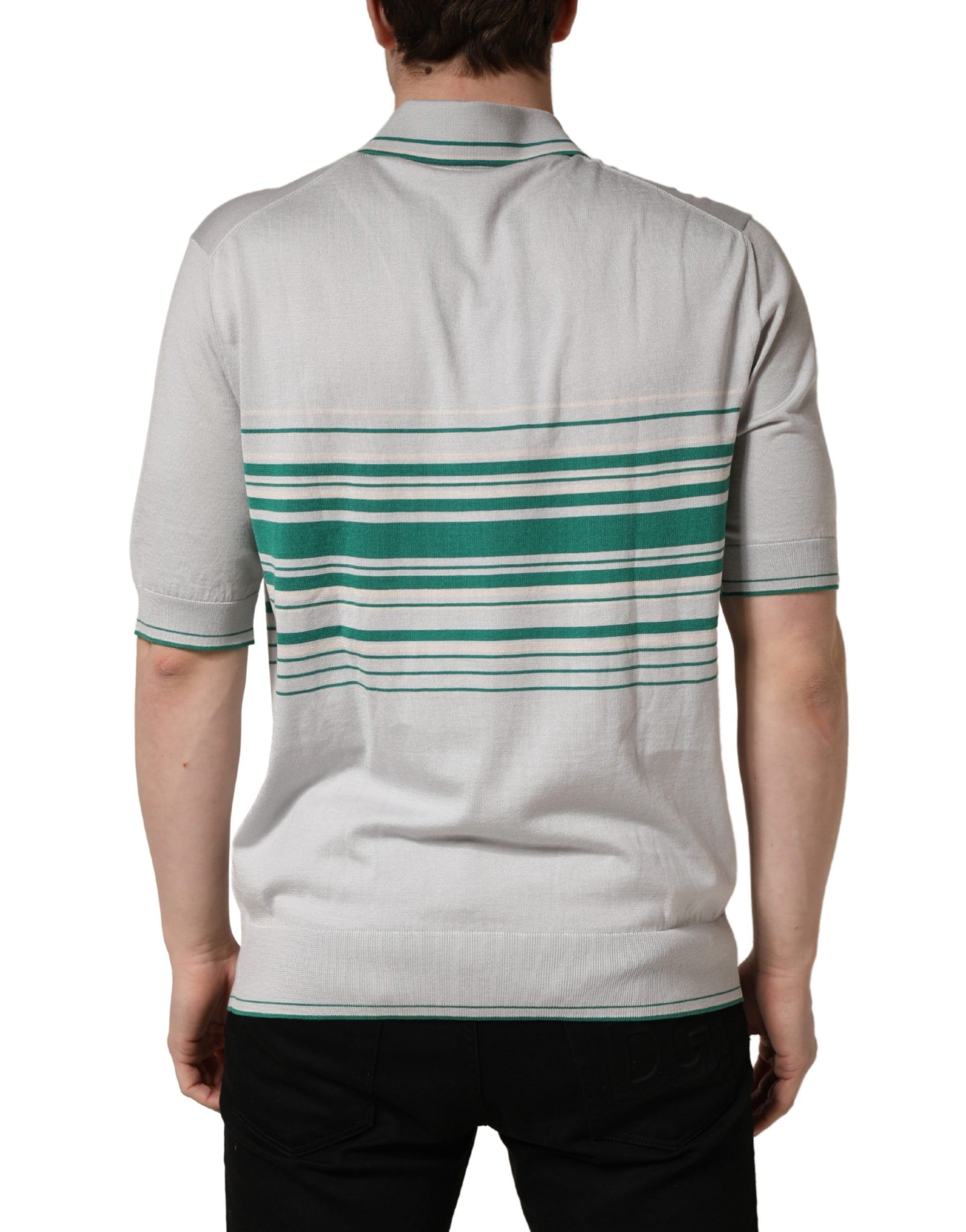 Dolce & Gabbana Gray Green Striped Logo Silk Polo T-shirt