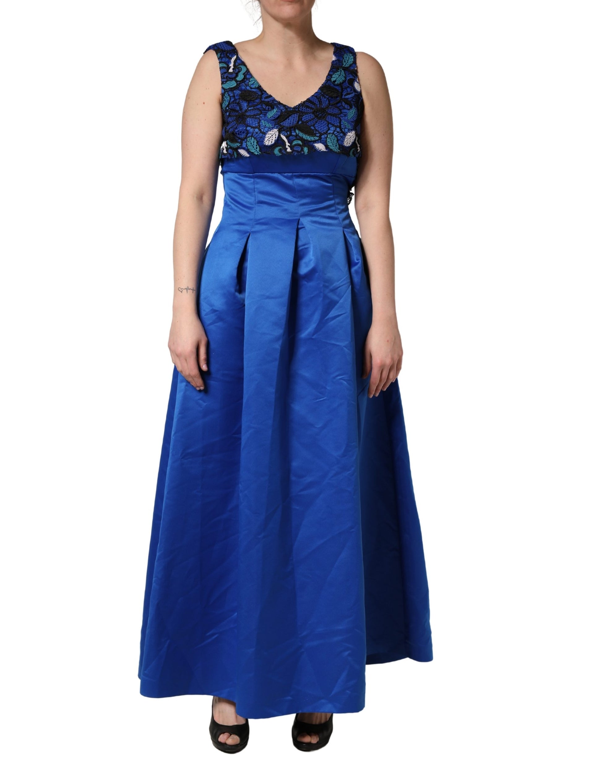 Robe longue sans manches en dentelle florale bleu roi LANACAPRINA