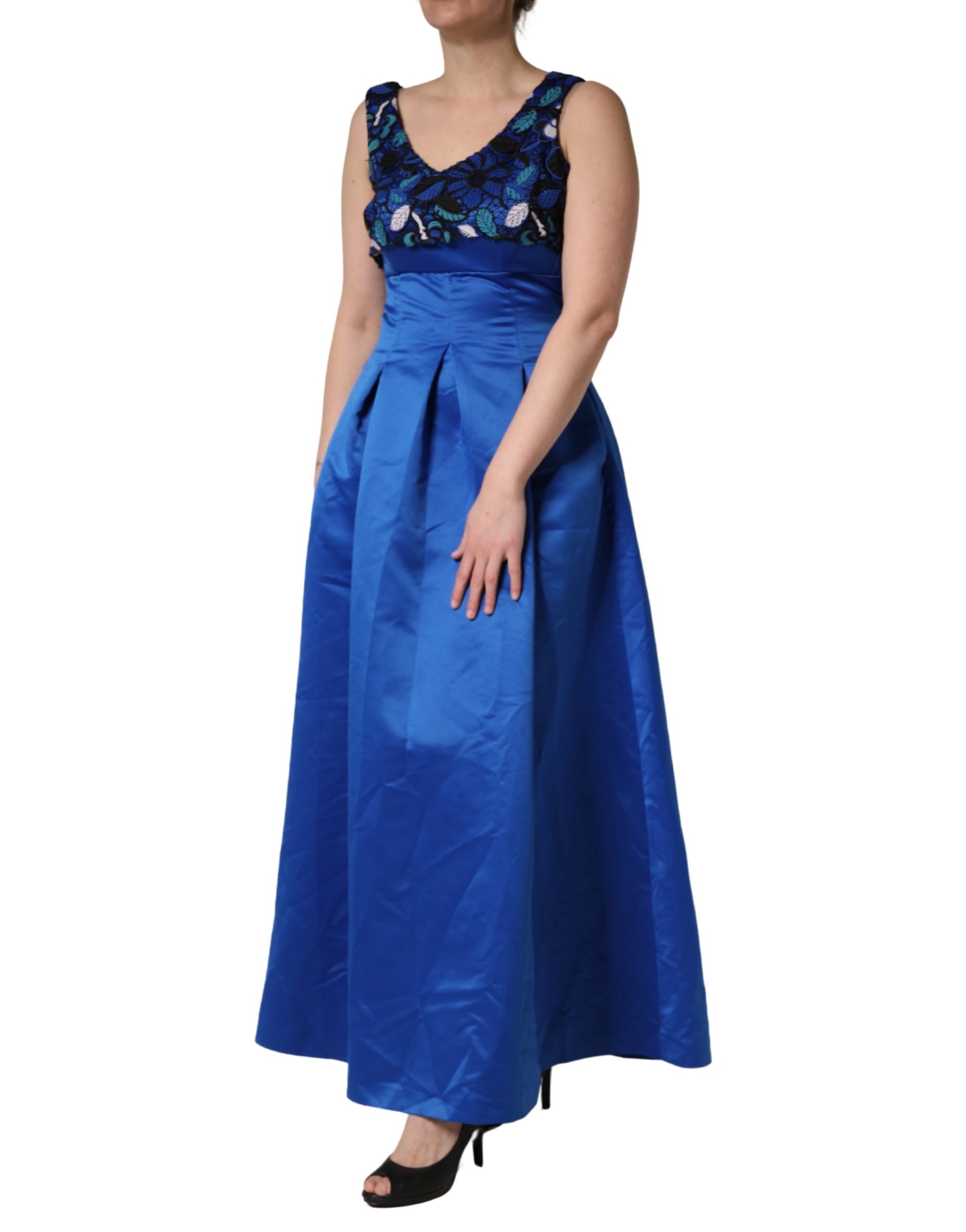 Robe longue sans manches en dentelle florale bleu roi LANACAPRINA
