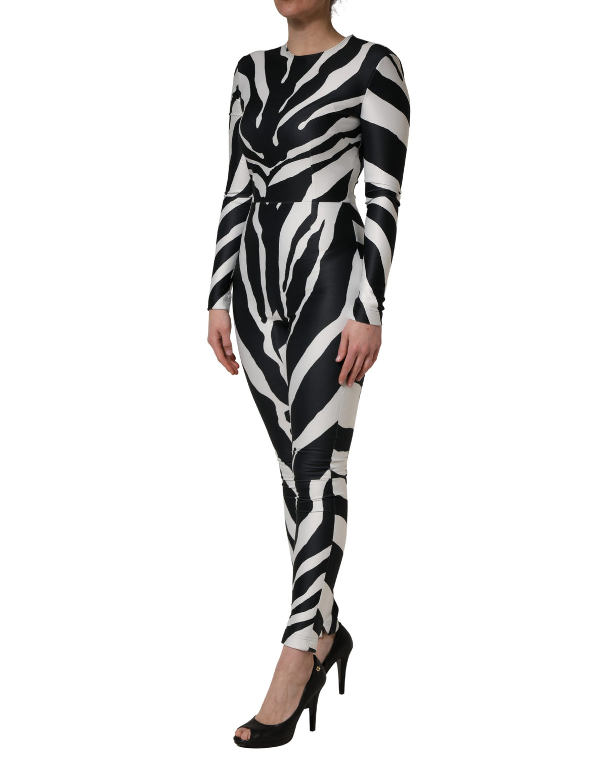 Dolce & Gabbana Jumpsuit aus Polyester mit Zebra-Muster, Schwarz-Weiß