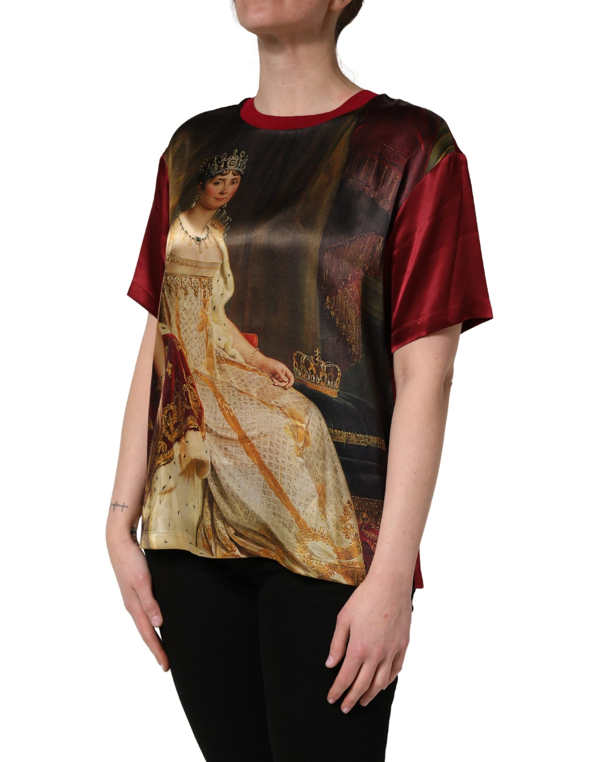 T-shirt en soie Dolce & Gabbana motif reine avec peinture couronne royale marron