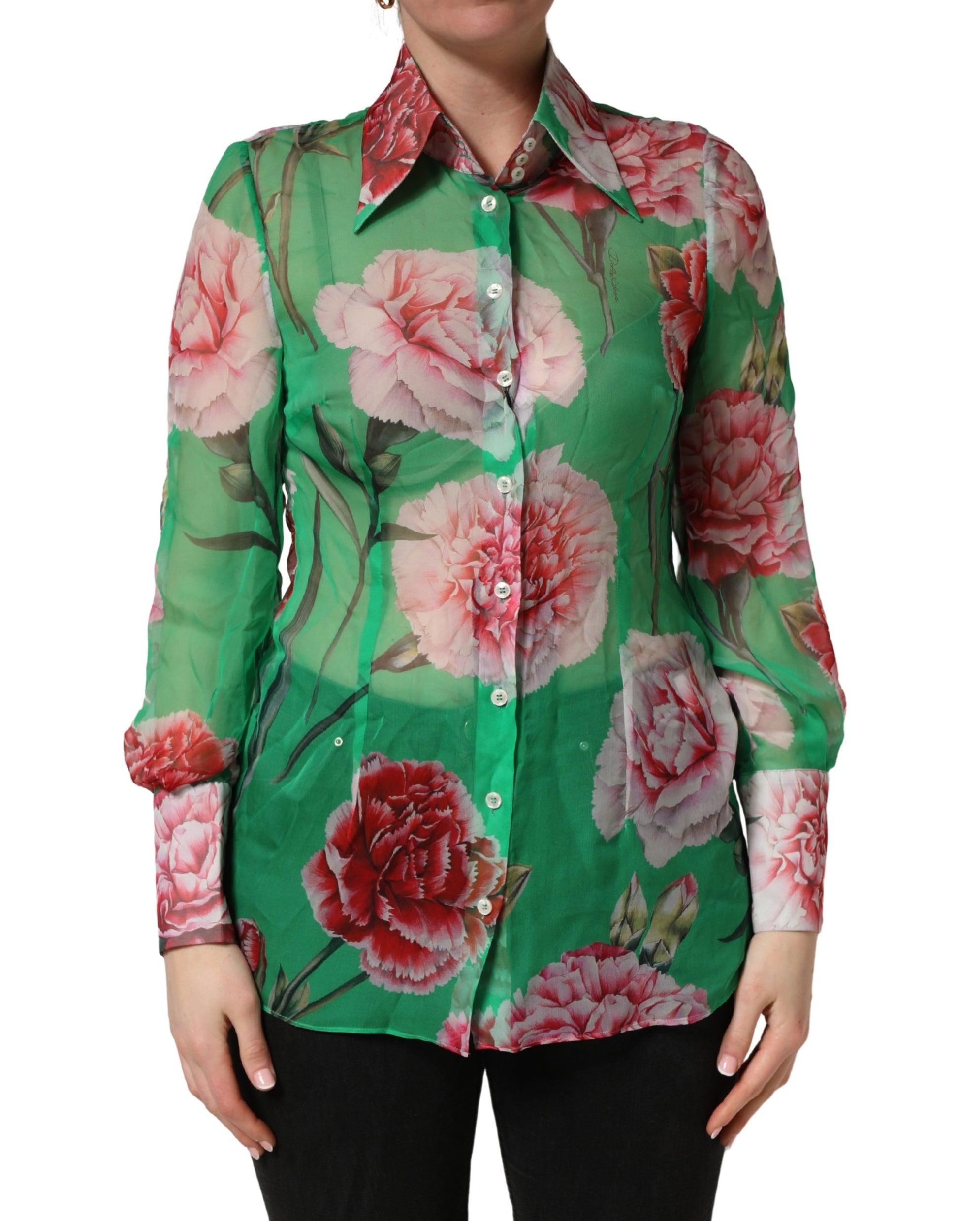 Chemisier à col en soie imprimé œillets verts Dolce & Gabbana
