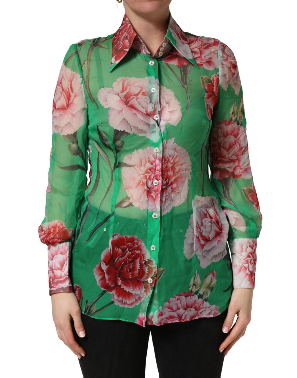 Chemisier à col en soie imprimé œillets verts Dolce & Gabbana