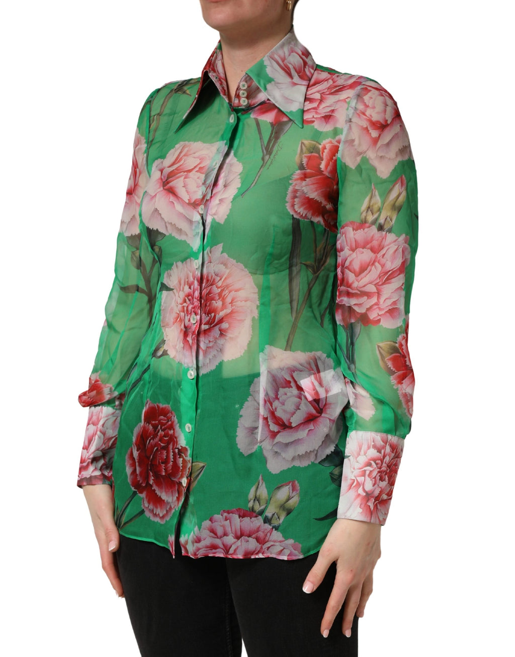 Chemisier à col en soie imprimé œillets verts Dolce & Gabbana