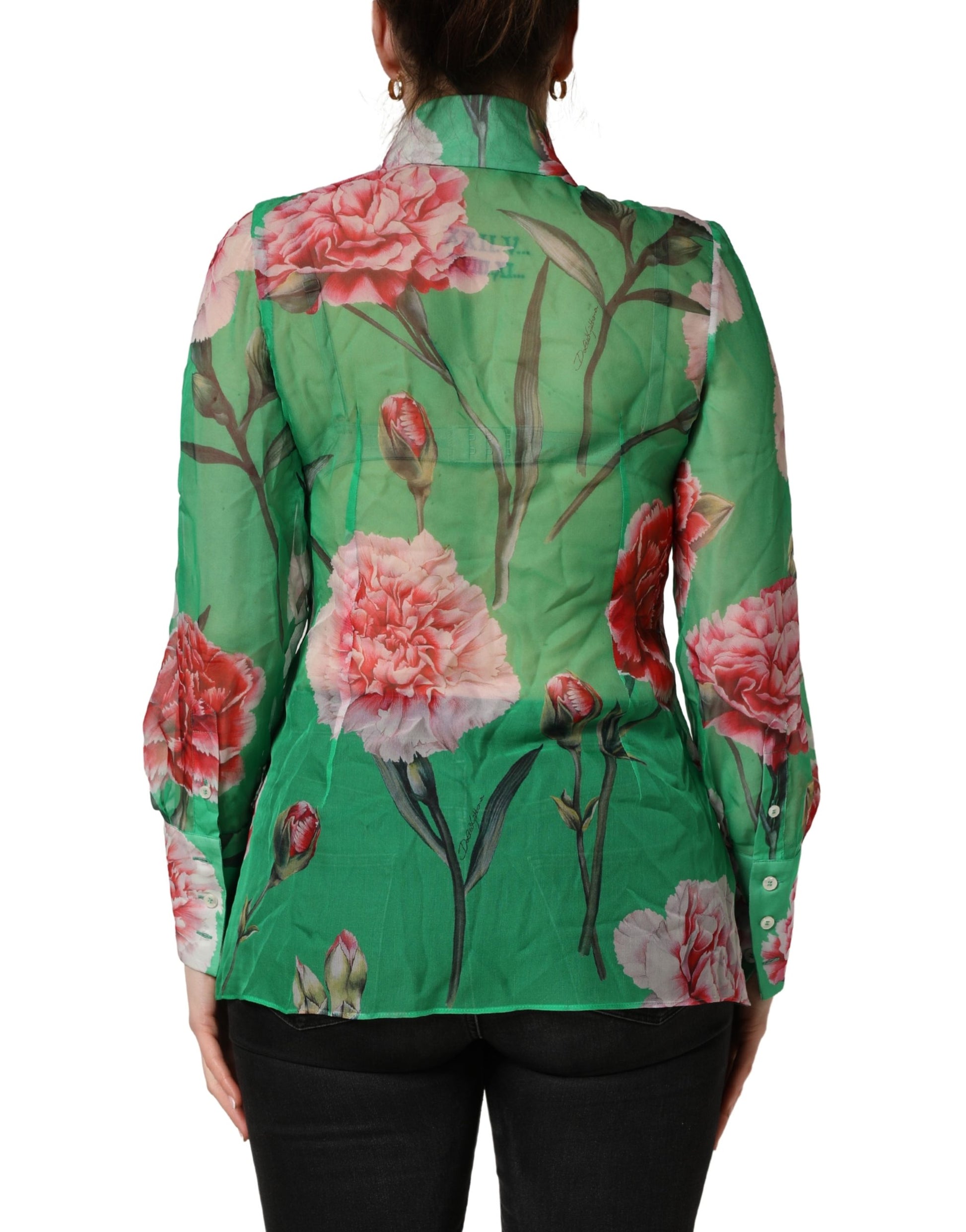 Chemisier à col en soie imprimé œillets verts Dolce & Gabbana