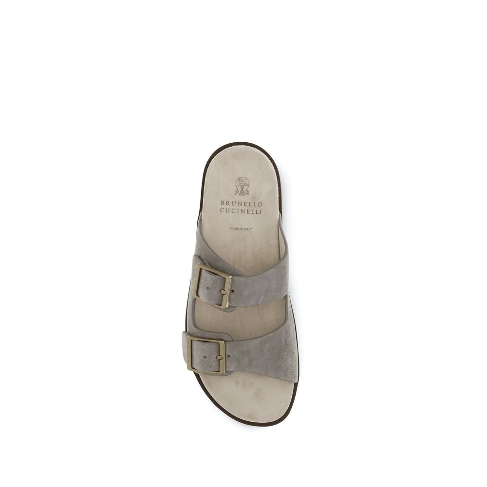 Sandales plates Brunello Cucinelli en cuir de veau gris Bos Taurus