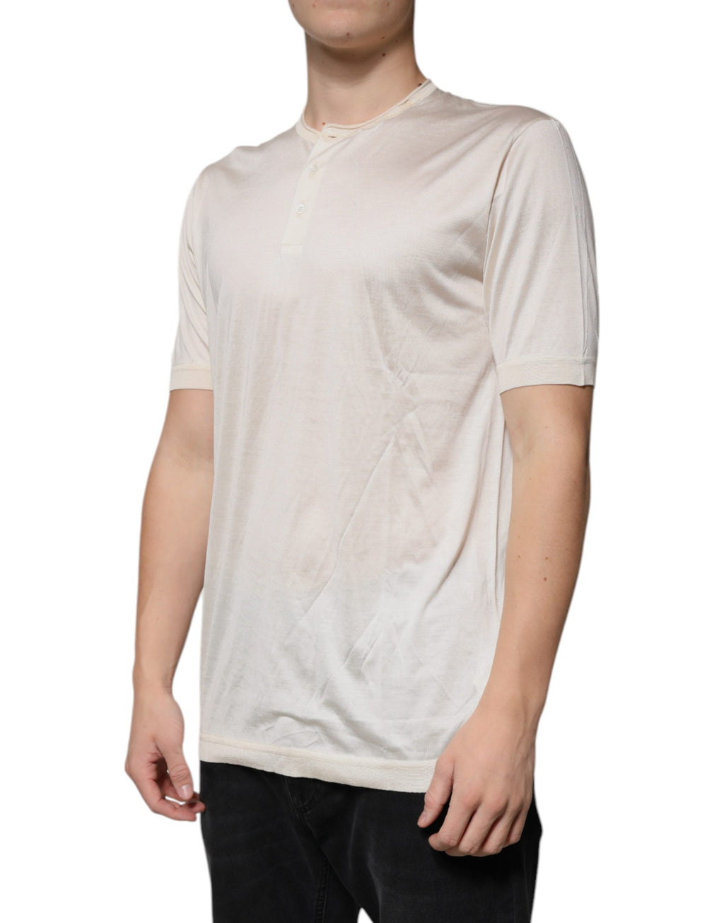 T-shirt Dolce & Gabbana en soie blanc cassé à manches courtes et col Henley