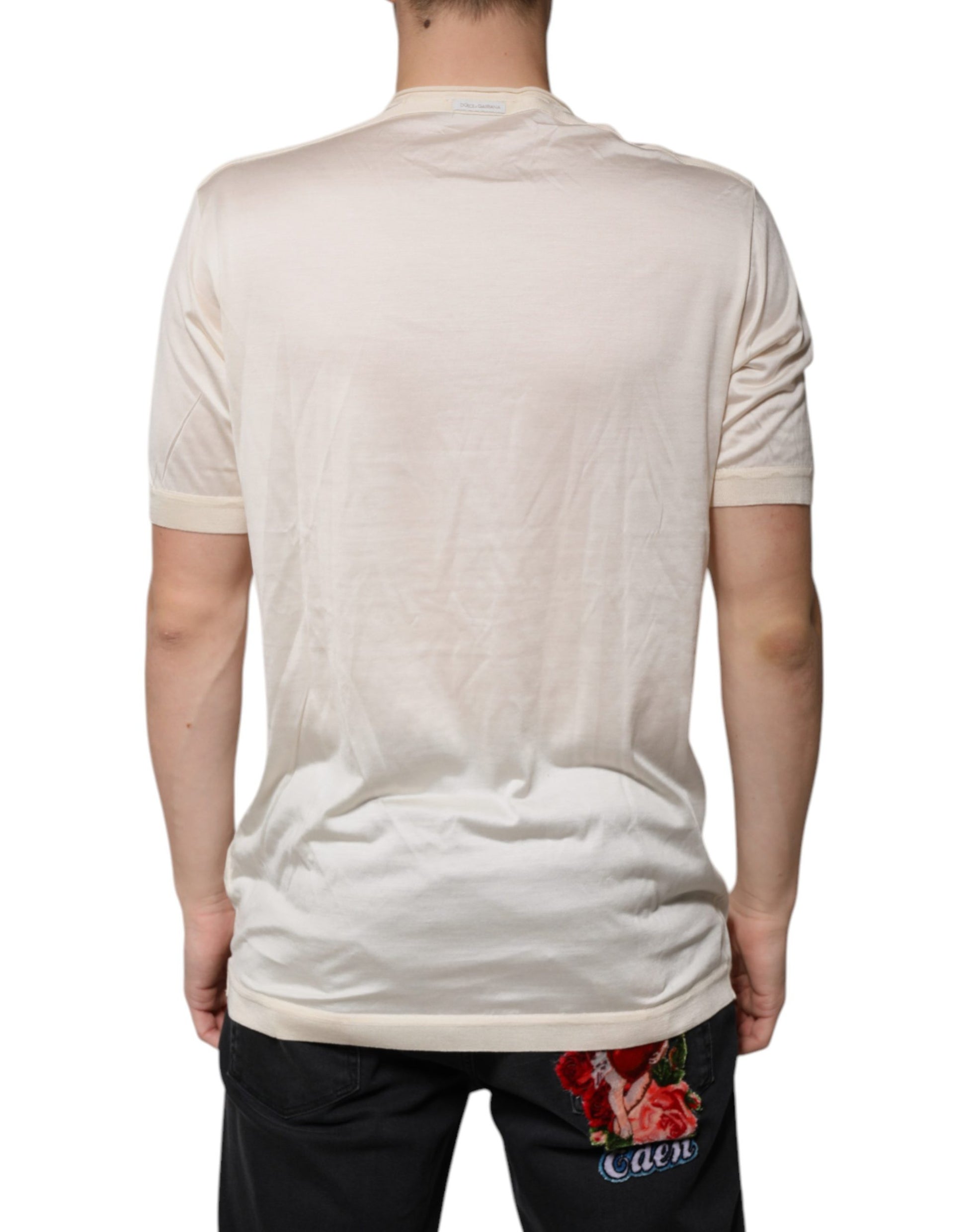 T-shirt Dolce & Gabbana en soie blanc cassé à manches courtes et col Henley