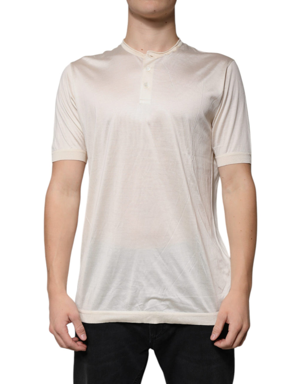 T-shirt Dolce & Gabbana en soie blanc cassé à manches courtes et col Henley