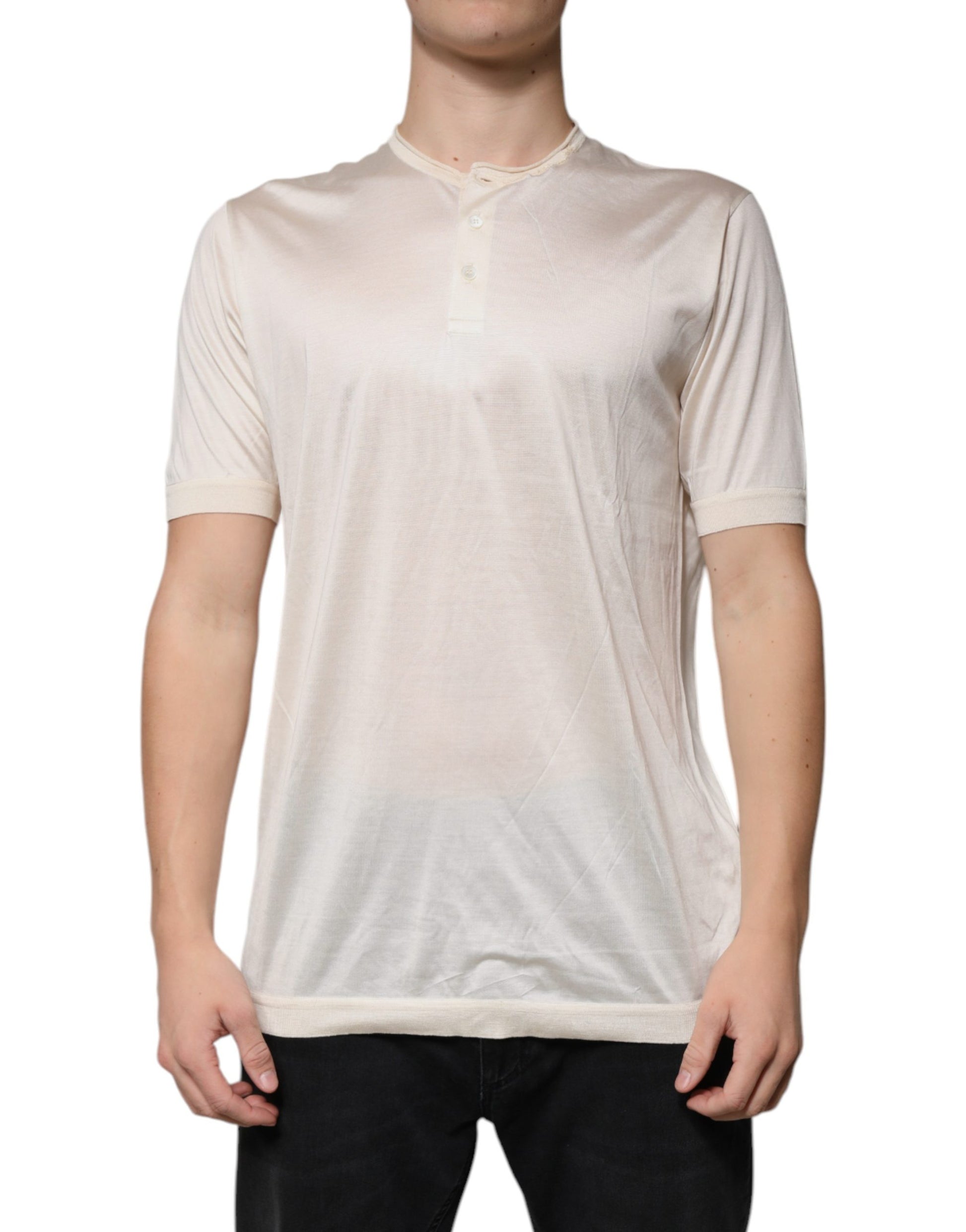 T-shirt Dolce & Gabbana en soie blanc cassé à manches courtes et col Henley