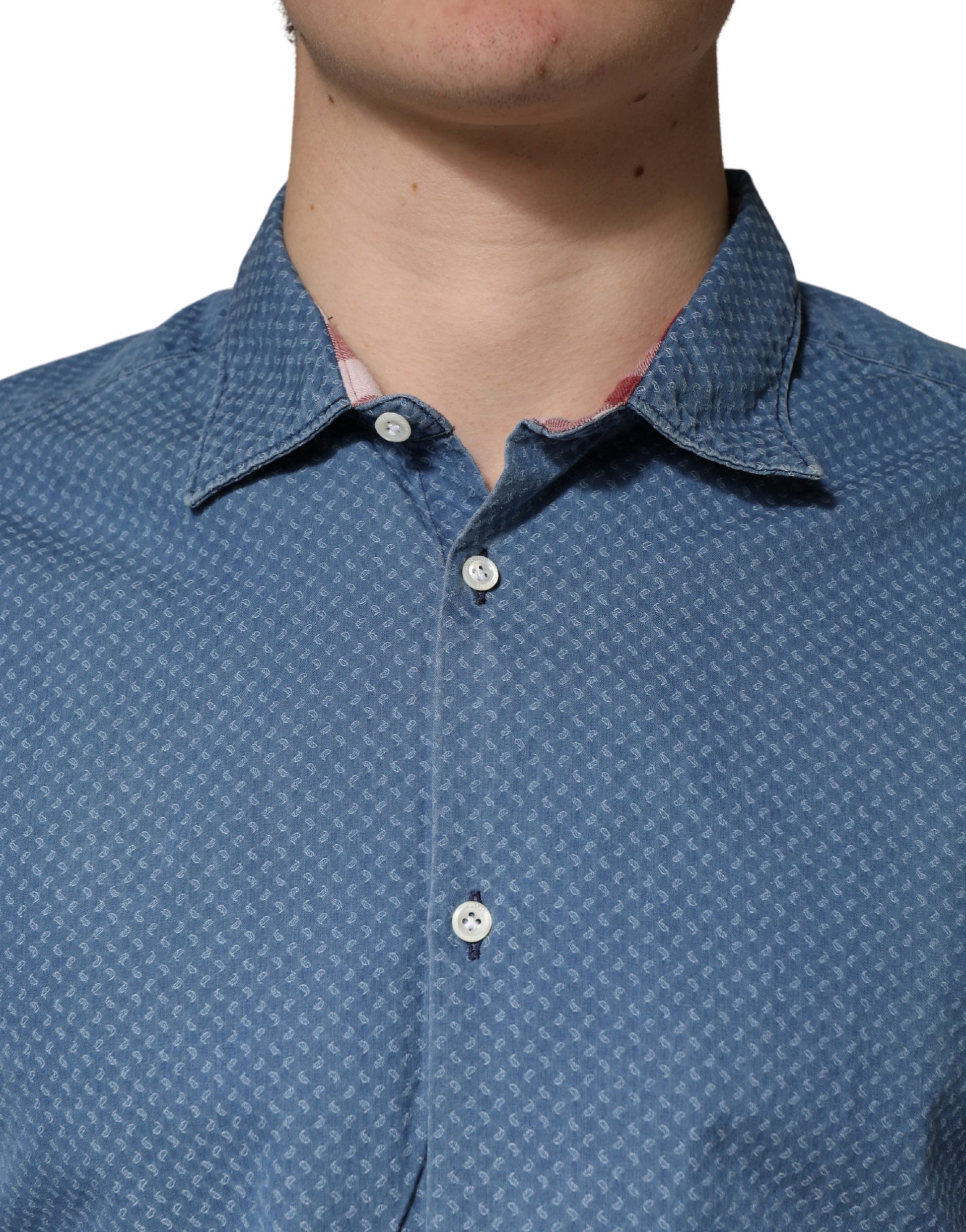 Chemise décontractée ajustée en coton bleu à manches longues et col, AGLINI