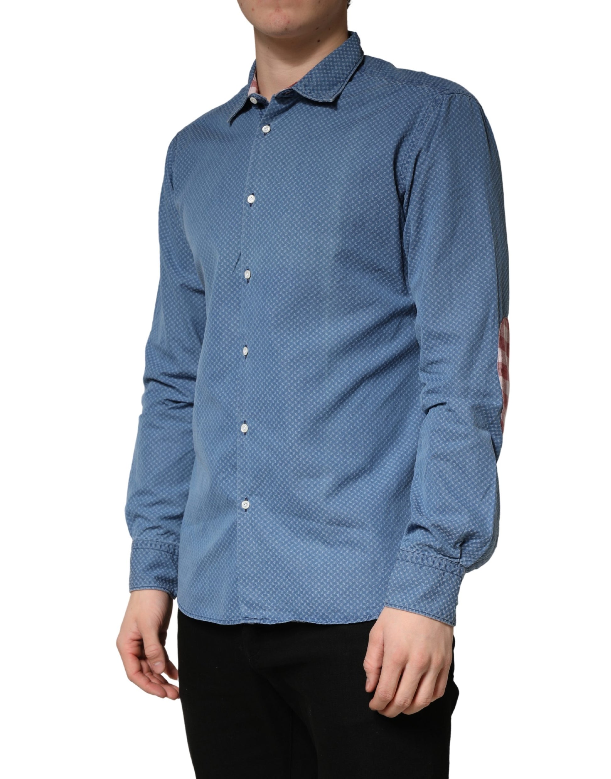 Chemise décontractée ajustée en coton bleu à manches longues et col, AGLINI