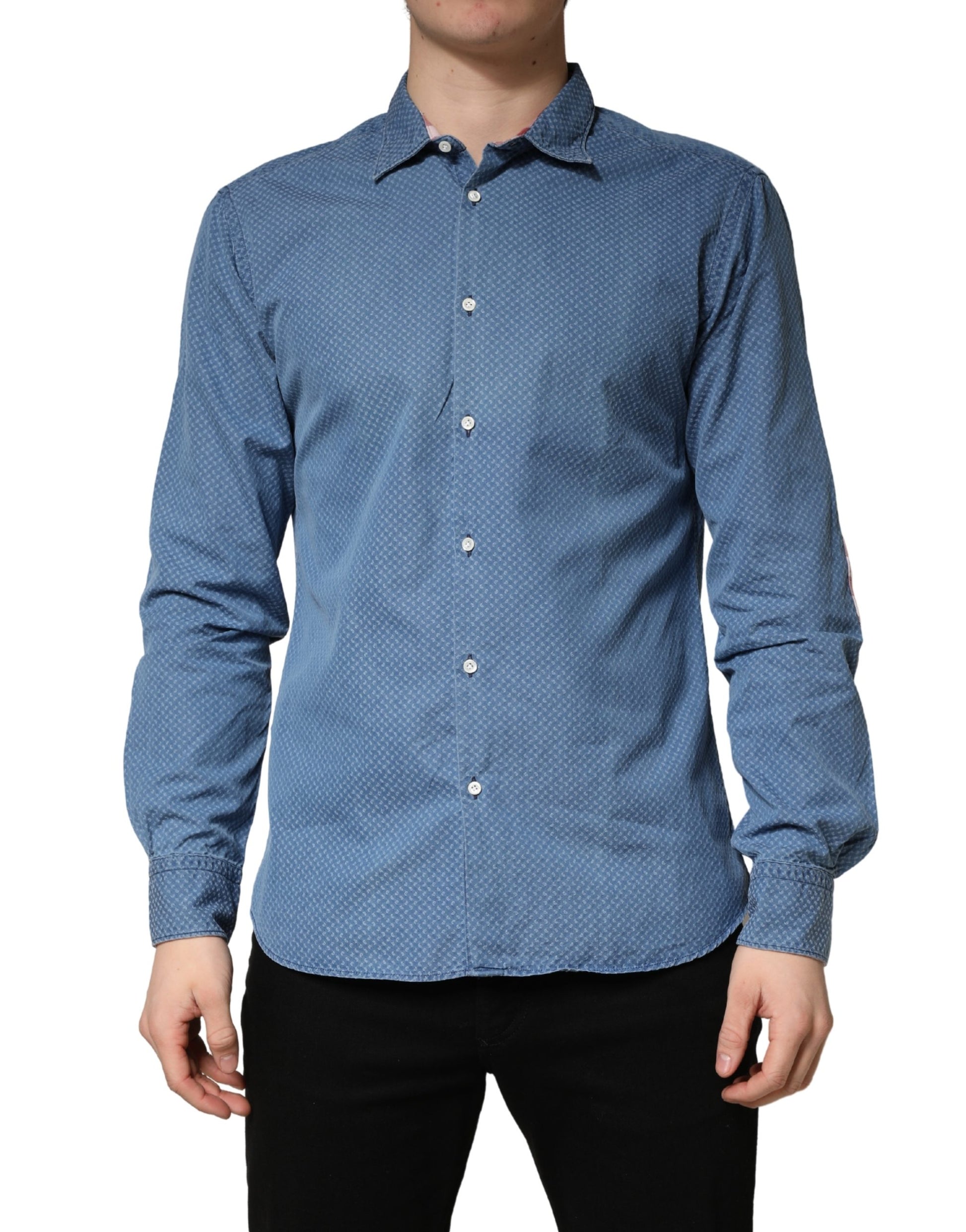 Chemise décontractée ajustée en coton bleu à manches longues et col, AGLINI