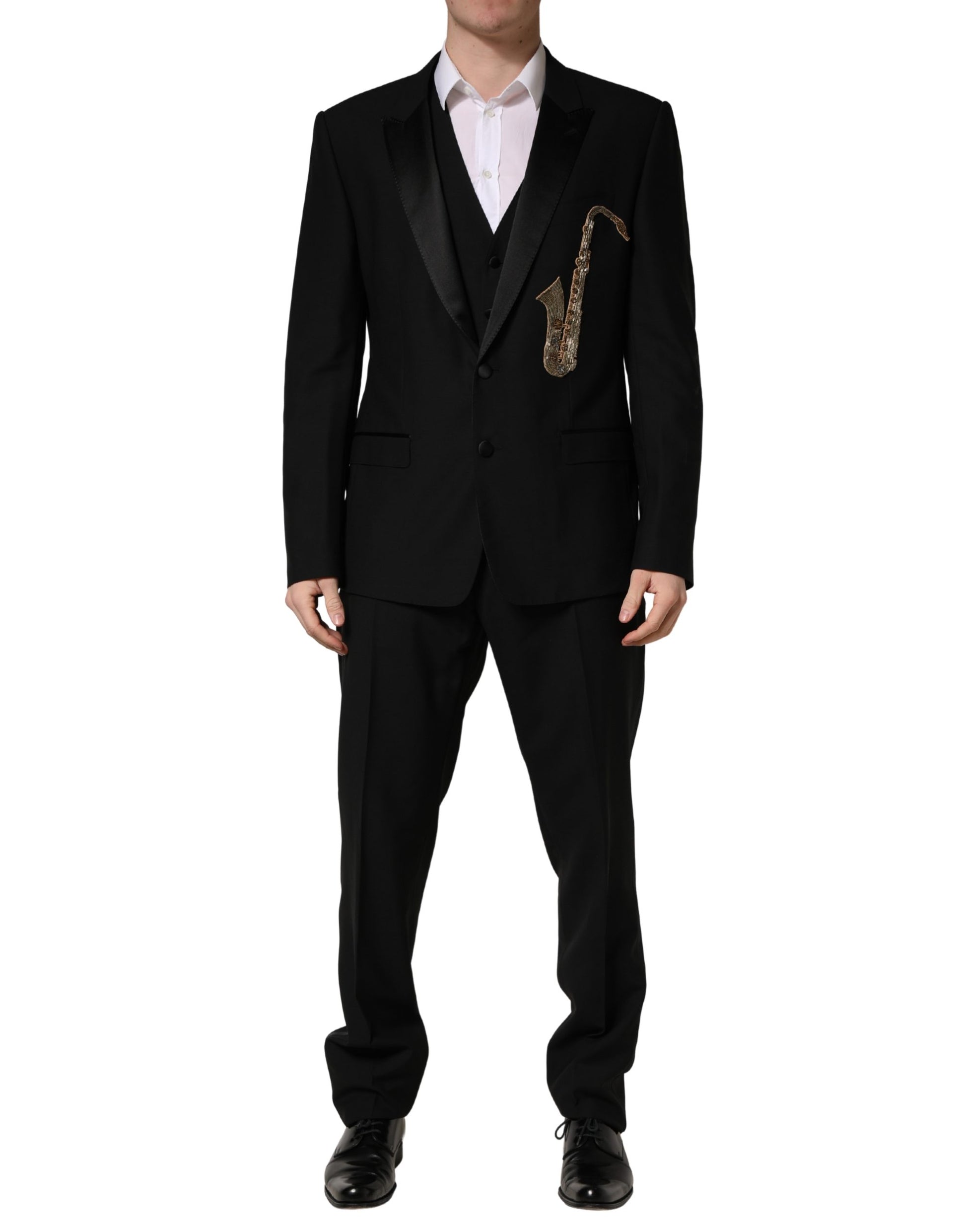 Costume Dolce & Gabbana en Laine et Soie Noire, Coupe Slim, 3 Pièces avec Saxophone