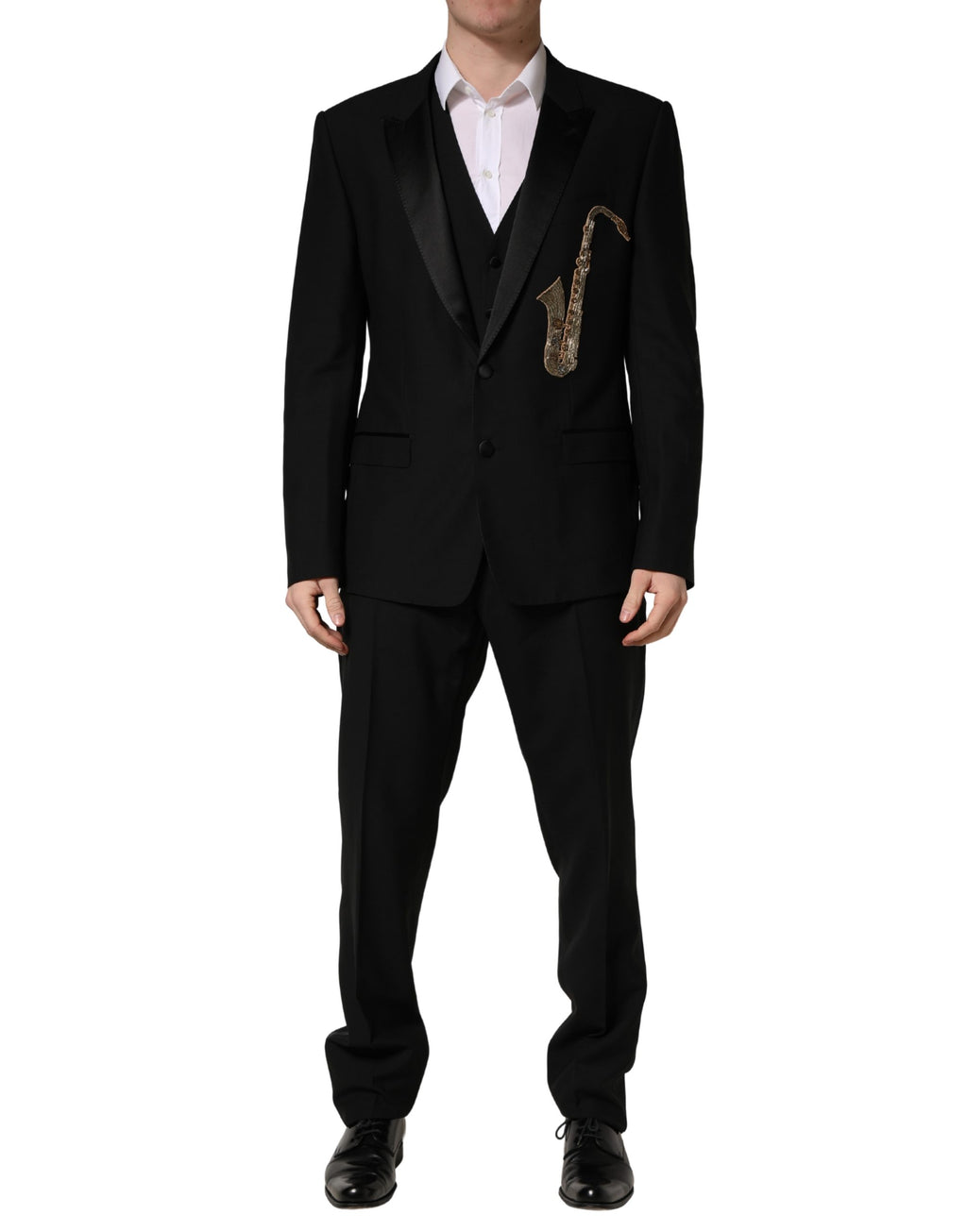 Costume Dolce & Gabbana en Laine et Soie Noire, Coupe Slim, 3 Pièces avec Saxophone