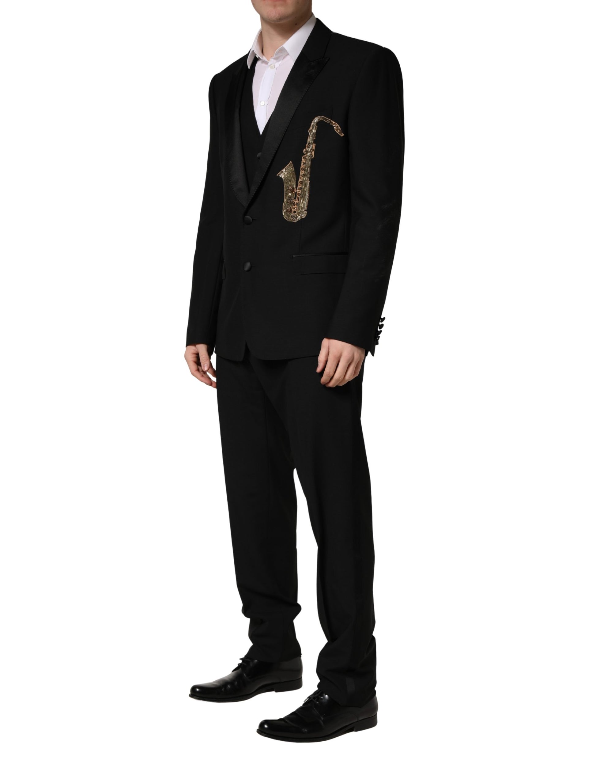 Costume Dolce & Gabbana en Laine et Soie Noire, Coupe Slim, 3 Pièces avec Saxophone