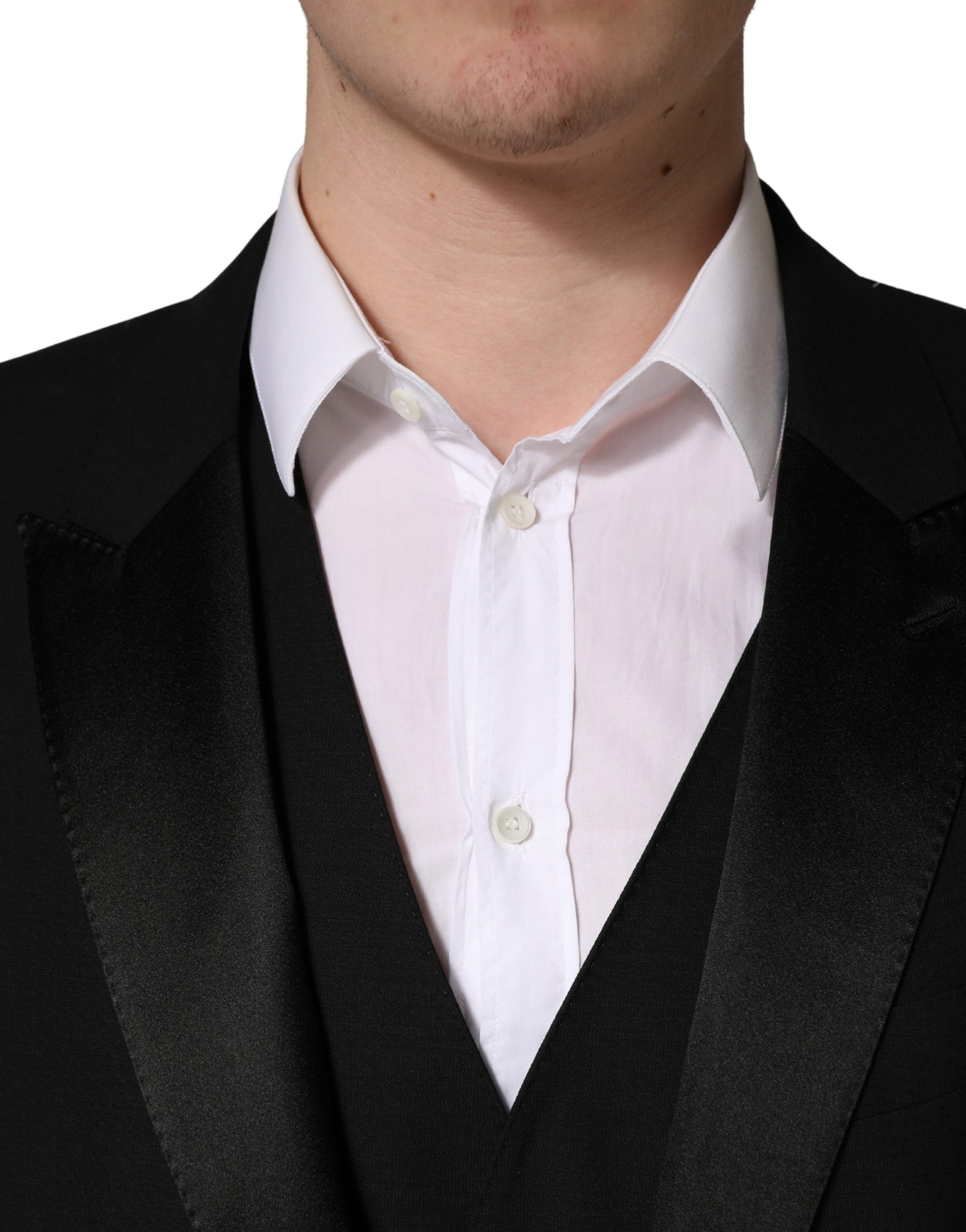 Costume Dolce & Gabbana en Laine et Soie Noire, Coupe Slim, 3 Pièces avec Saxophone