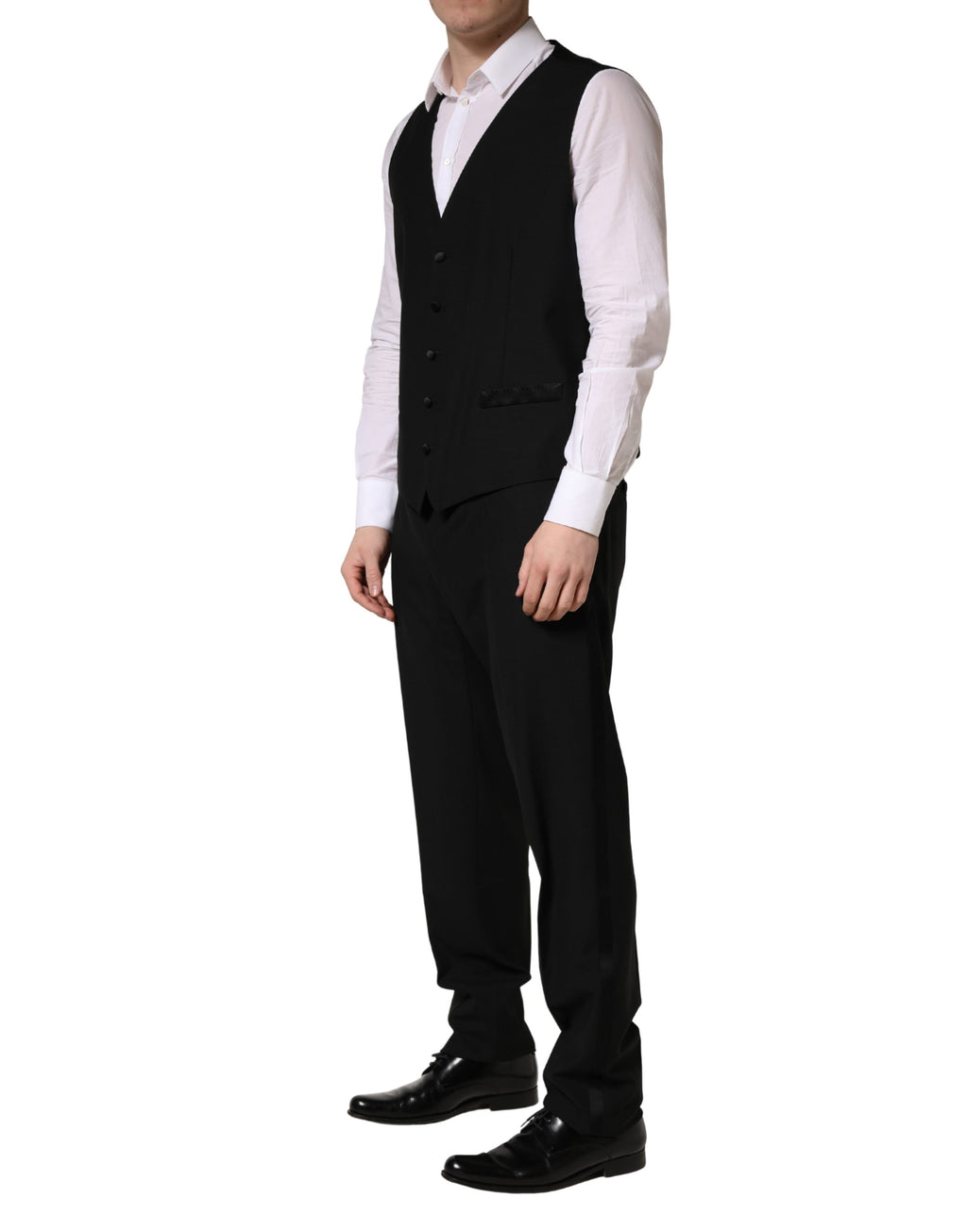 Costume Dolce & Gabbana en Laine et Soie Noire, Coupe Slim, 3 Pièces avec Saxophone