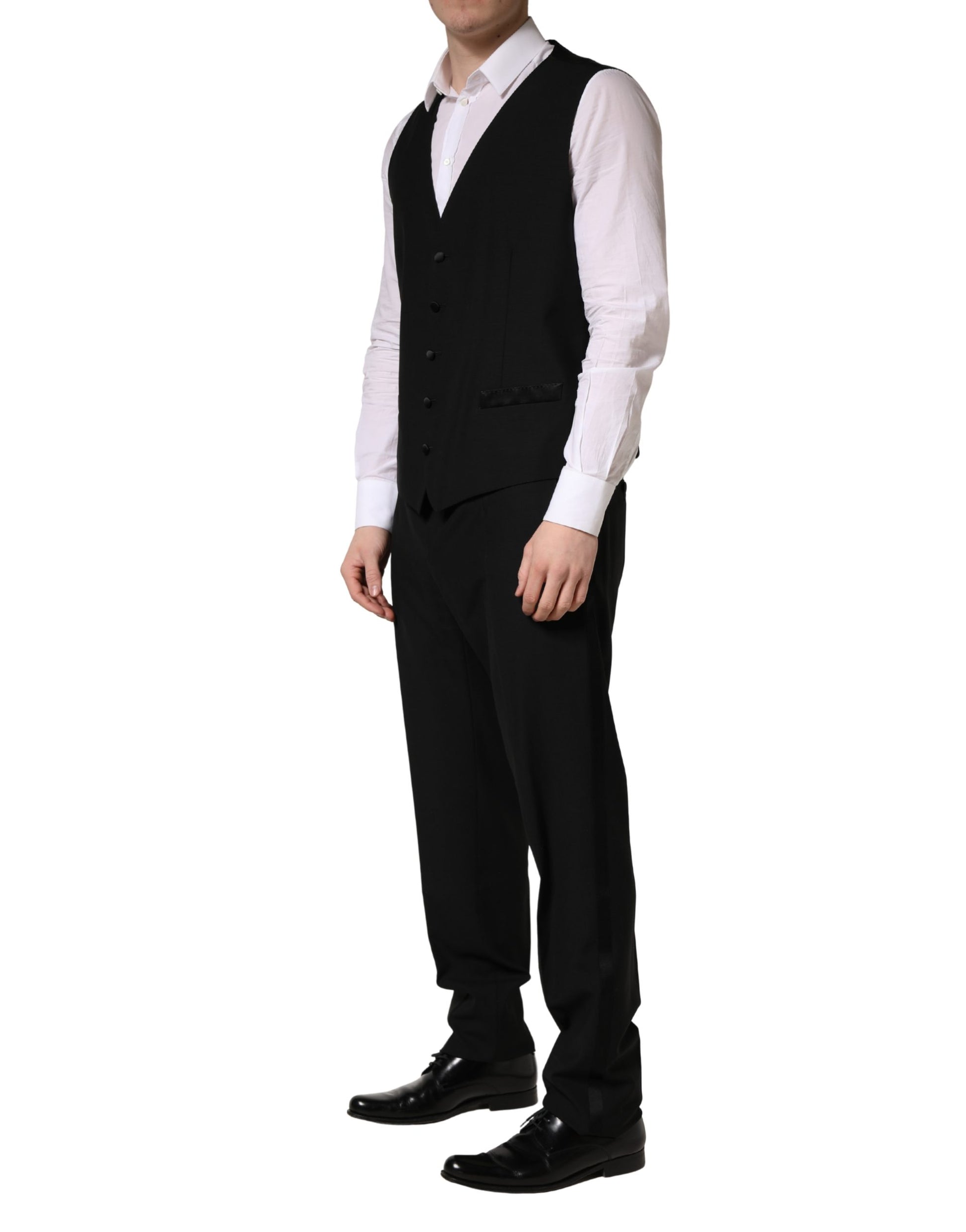 Costume Dolce & Gabbana en Laine et Soie Noire, Coupe Slim, 3 Pièces avec Saxophone