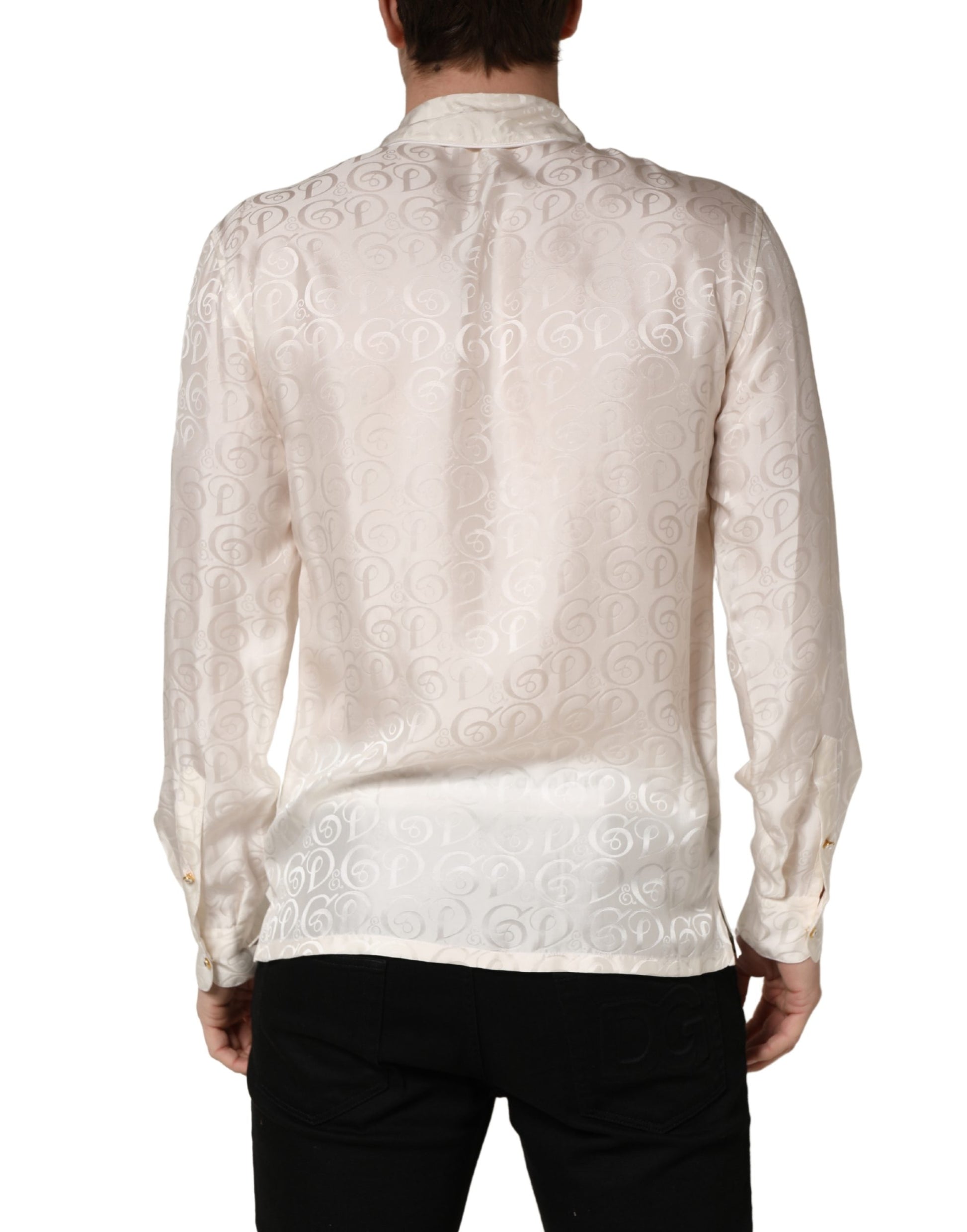 Dolce & Gabbana White Silk Long Sleeve Tonal Logo Print Shirt