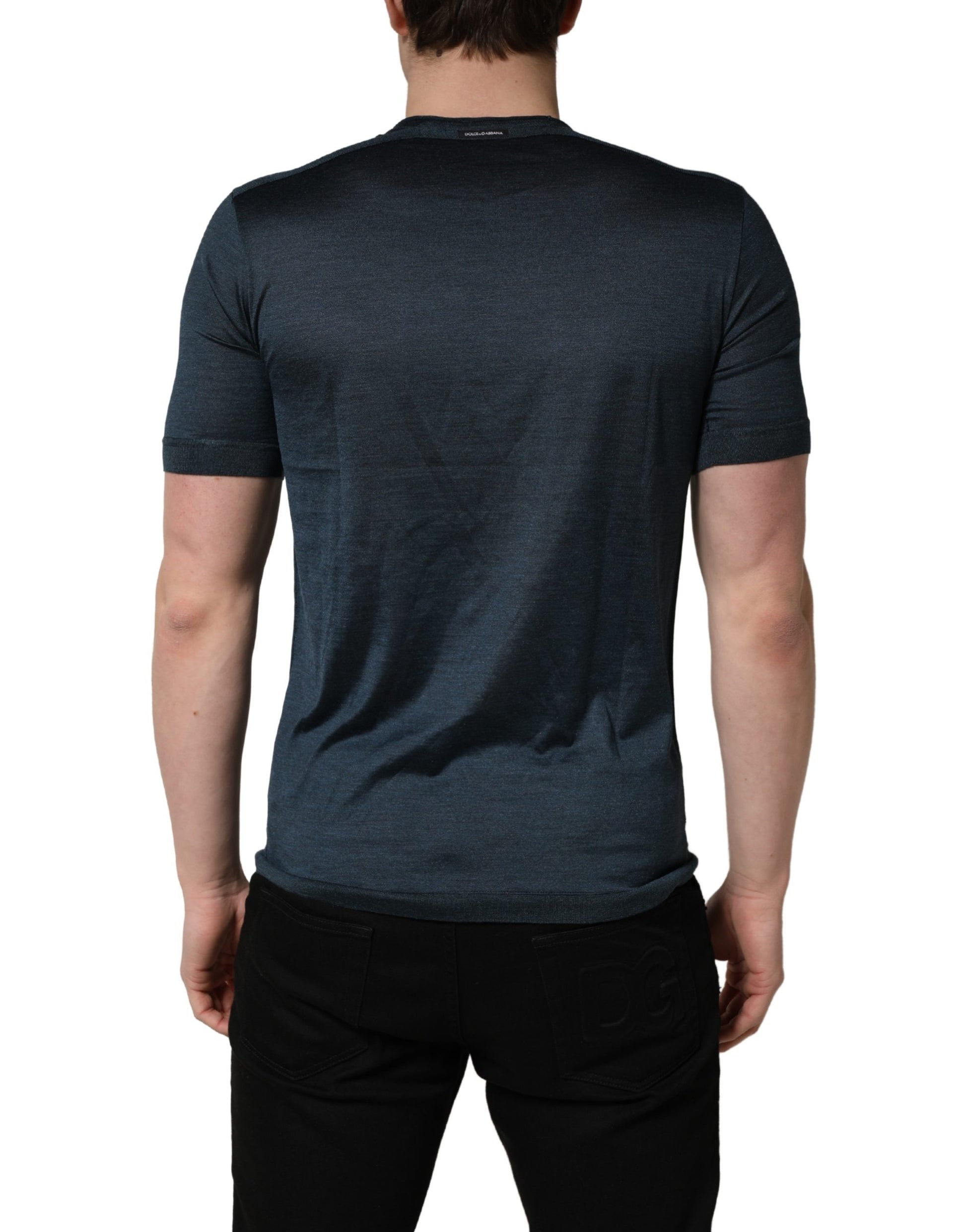 T-shirt à col rond et manches courtes en soie bleu foncé Dolce & Gabbana