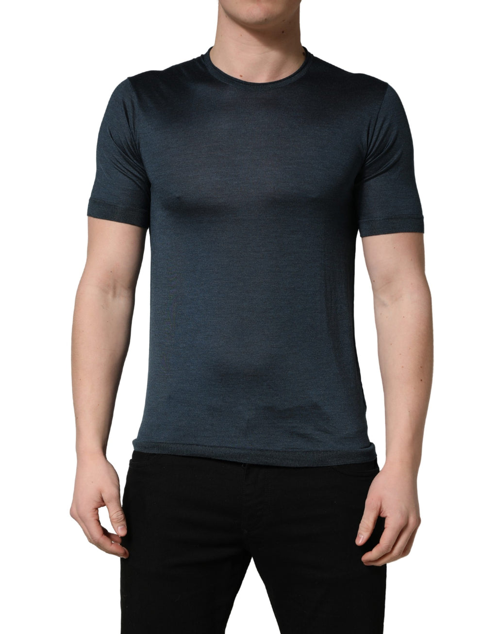 T-shirt à col rond et manches courtes en soie bleu foncé Dolce & Gabbana