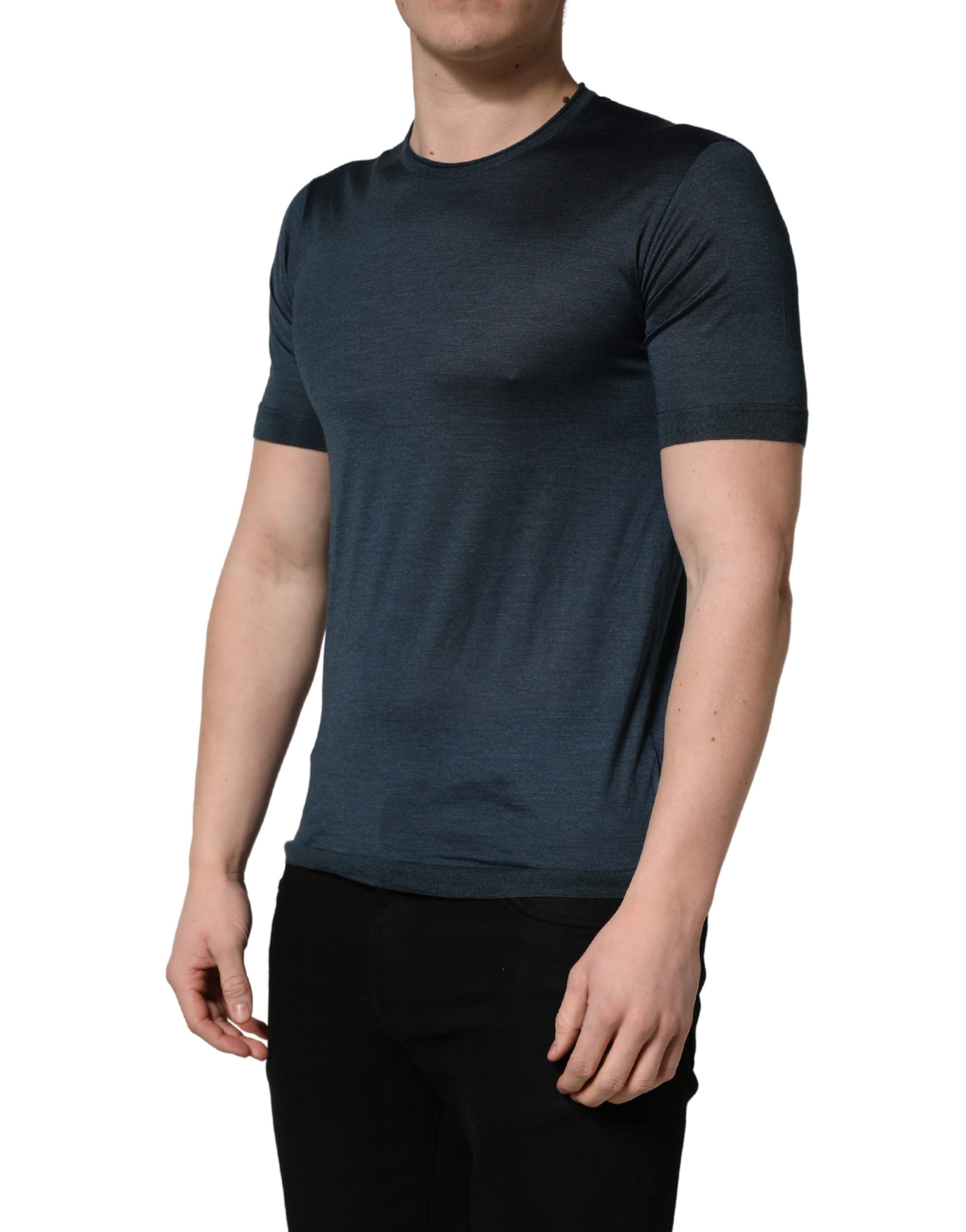 T-shirt à col rond et manches courtes en soie bleu foncé Dolce & Gabbana