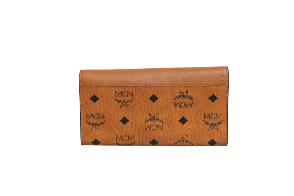 Portefeuille chaîne MCM en toile enduite marron cognac Visetos Patricia avec patch Love
