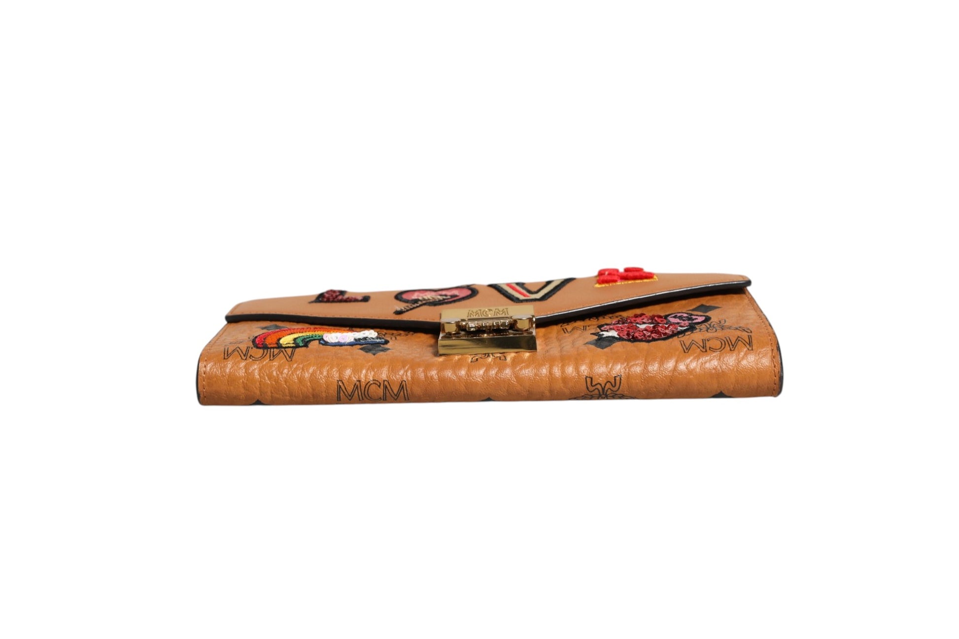 Portefeuille chaîne MCM en toile enduite marron cognac Visetos Patricia avec patch Love