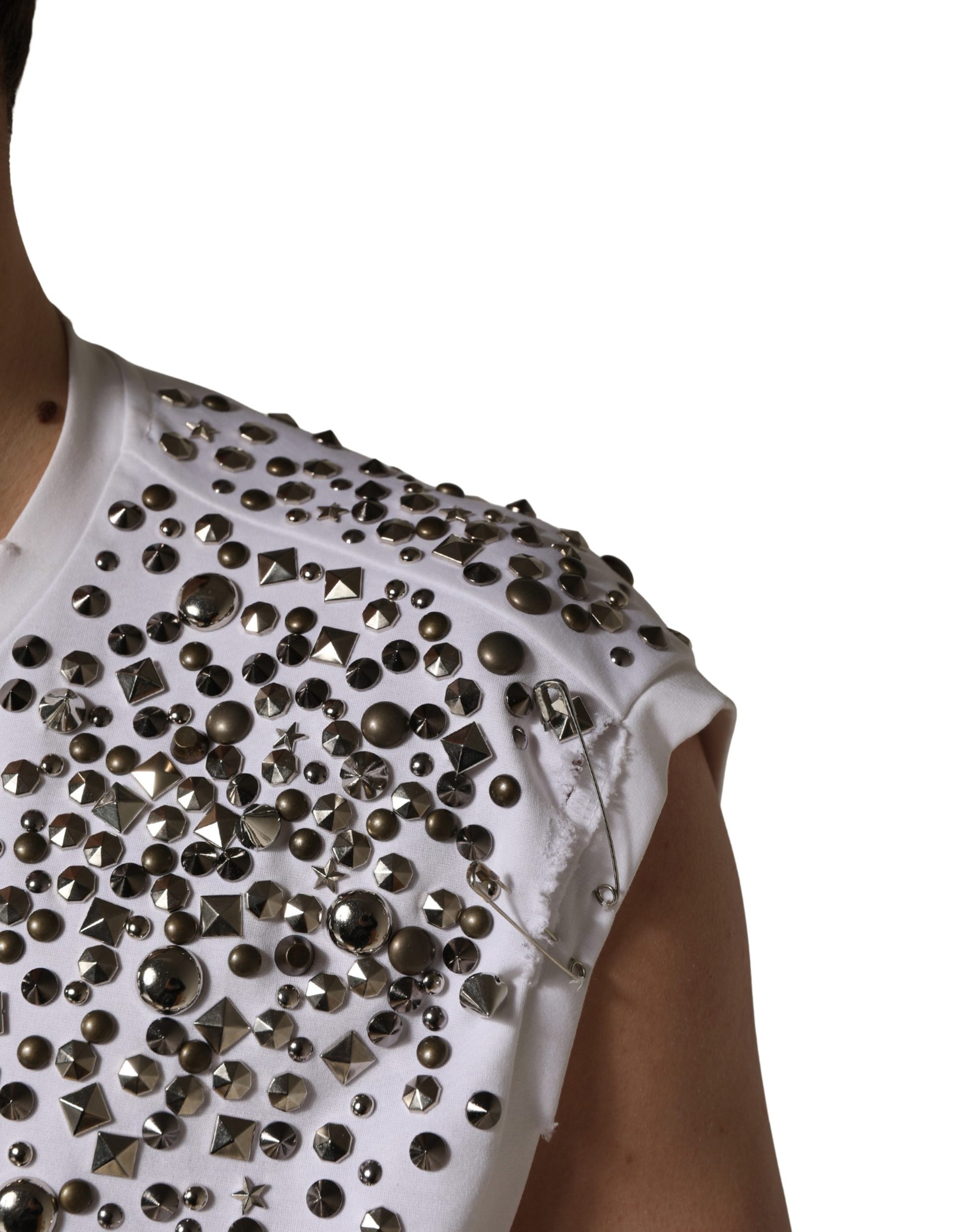 Dolce & Gabbana White Rhinestones Sleeveless Round Neck T-shirt