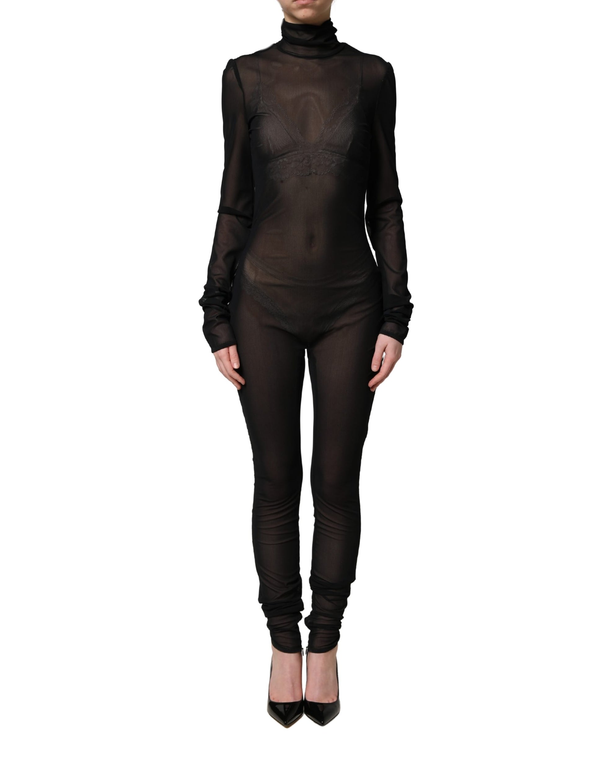 Dolce & Gabbana Black Nylon Sheer Turtleneck Jumpsuit Dress